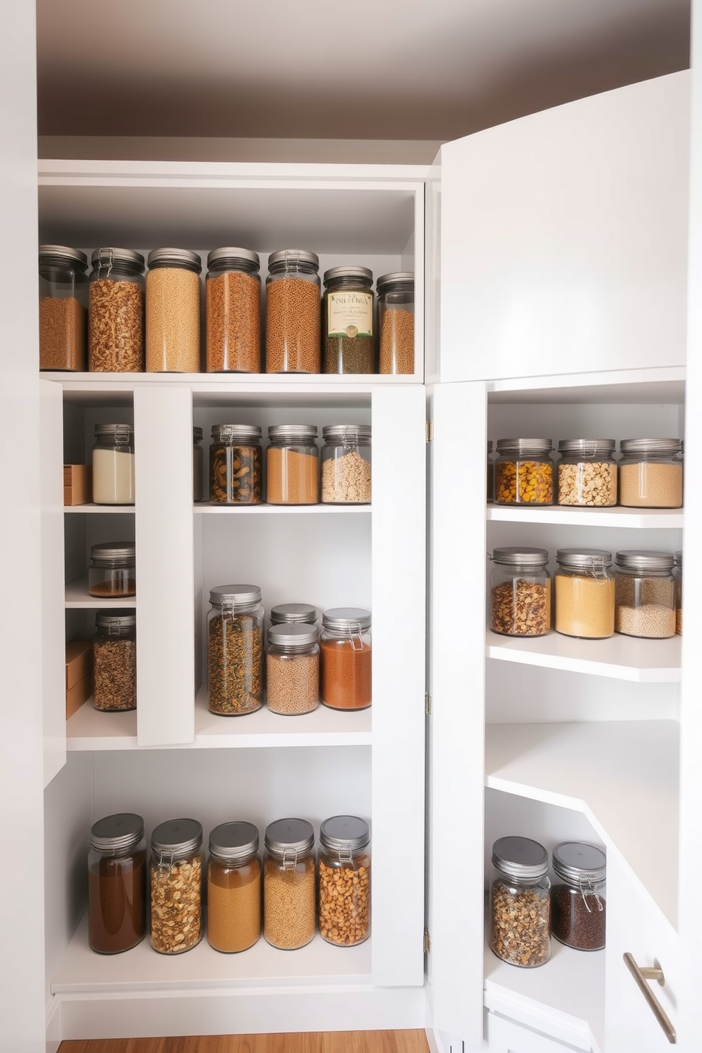 A modern pantry featuring sleek white cabinetry with glass jars for stylish food storage. The jars are neatly arranged on open shelves, showcasing colorful grains and spices, while the walls are painted in a soft white for a clean and airy feel.