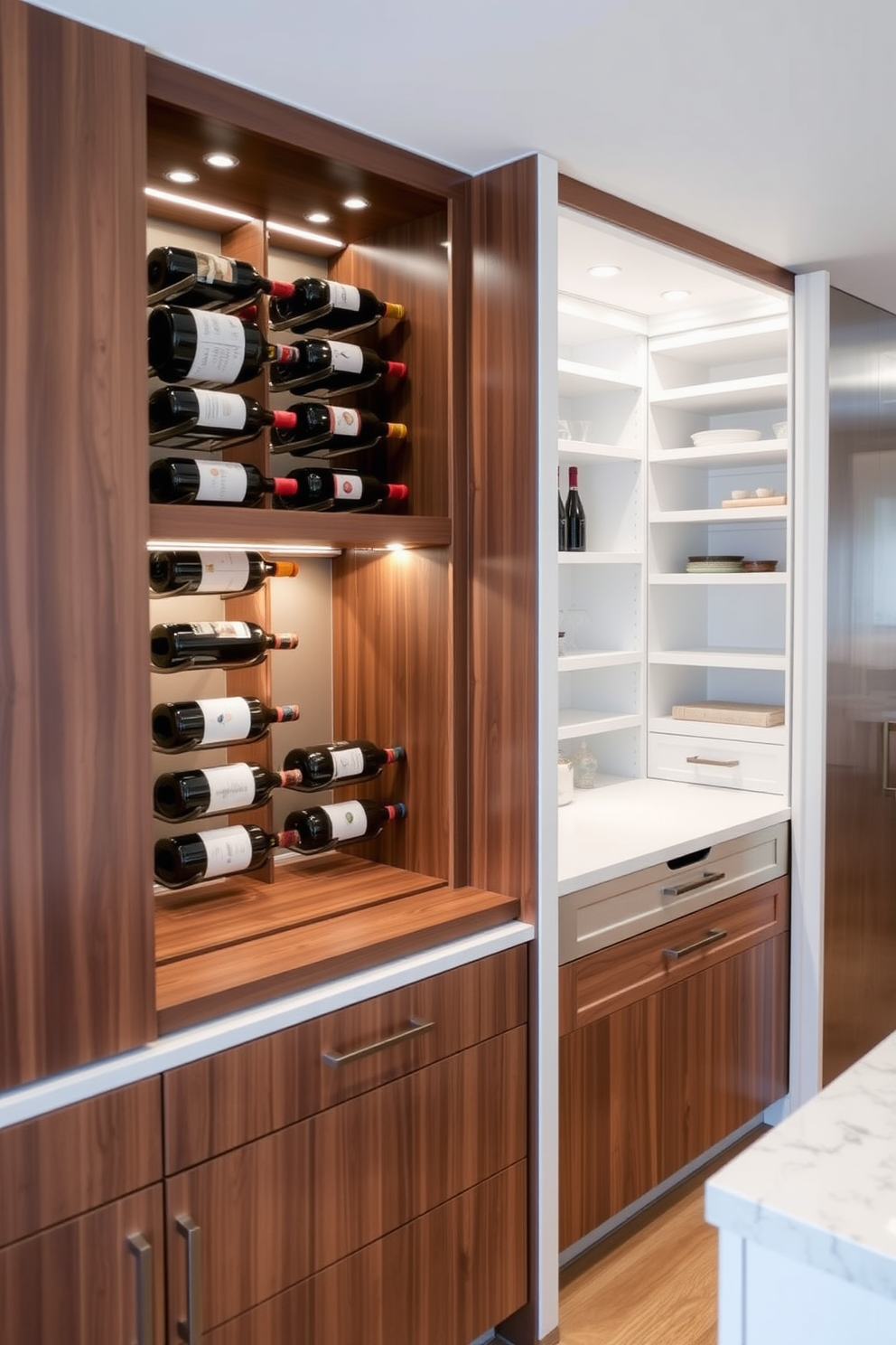 A sleek pantry design featuring an integrated wine rack that seamlessly blends into the cabinetry. The cabinetry is painted in a crisp white finish, creating a fresh and airy atmosphere. The wine rack is elegantly displayed, showcasing a selection of fine wines while maintaining easy access. Soft LED lighting highlights the wine collection, adding a warm glow to the overall design.