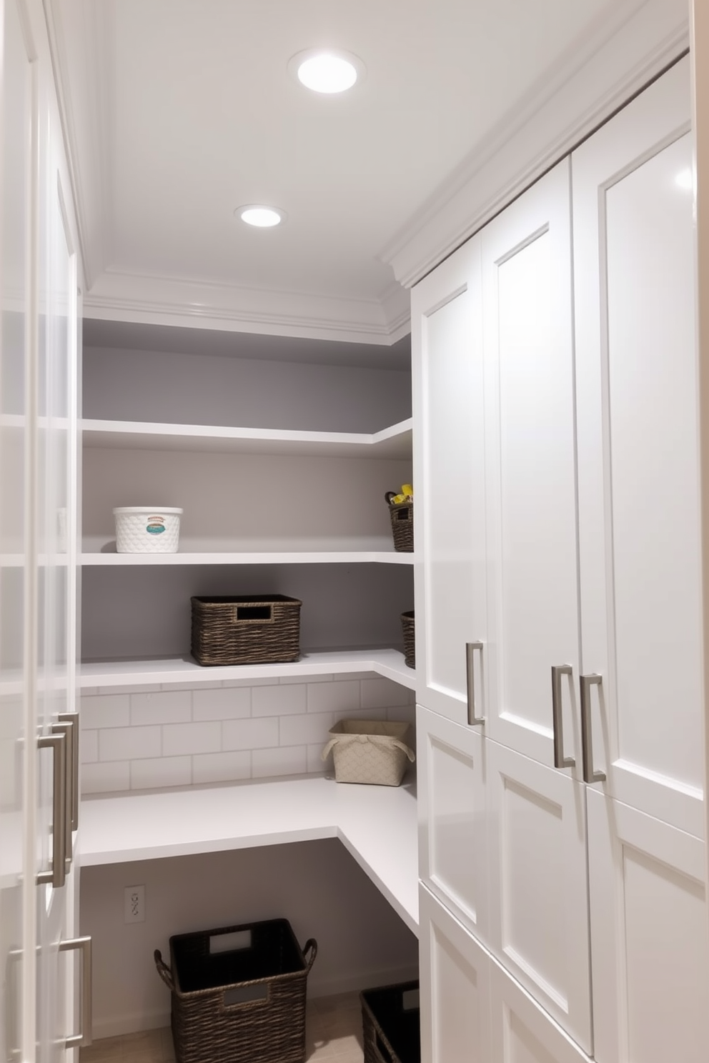 A bright and airy pantry features sleek white cabinetry with brushed nickel handles. The overhead lighting consists of recessed fixtures that illuminate the space evenly, creating a welcoming atmosphere. The pantry includes open shelving for easy access to frequently used items and decorative storage baskets for organization. A subtle white backsplash complements the cabinetry, enhancing the clean and modern aesthetic.