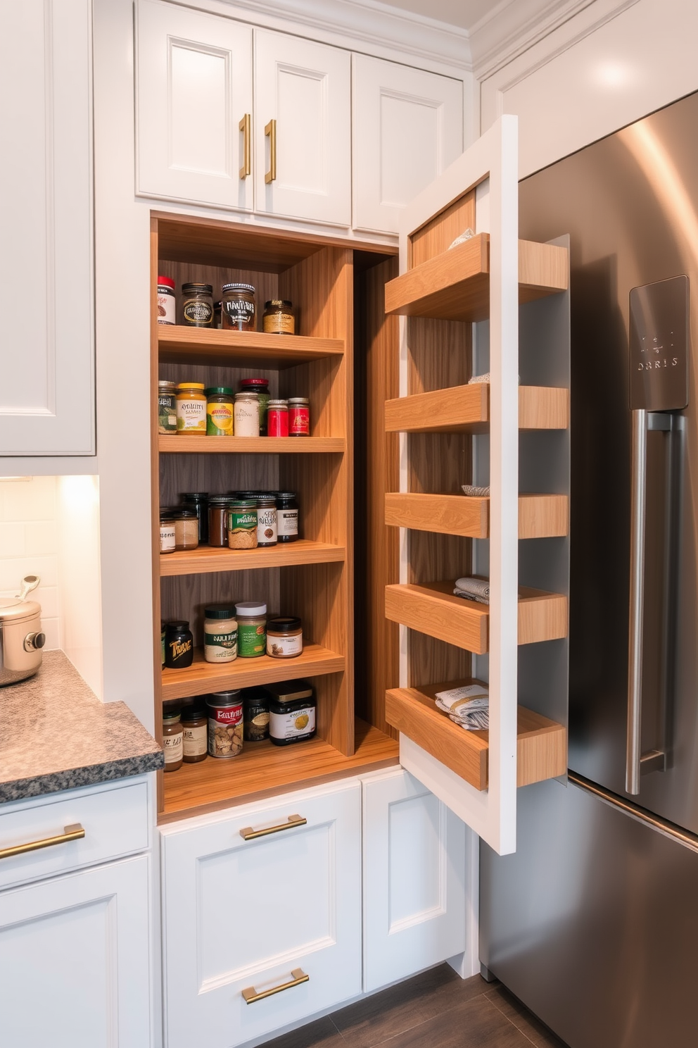 A customized pull-out pantry solution features sleek wooden shelves that glide effortlessly, maximizing storage space while maintaining a clean aesthetic. The pantry is designed with a white finish, complemented by elegant brass handles that add a touch of sophistication. The interior showcases organized compartments for spices, canned goods, and dry ingredients, ensuring everything is easily accessible. Soft ambient lighting illuminates the pantry, highlighting the beauty of the white cabinetry and creating a warm, inviting atmosphere.