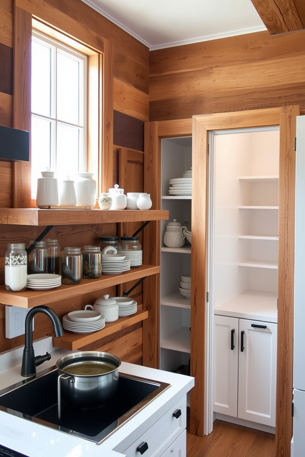 A cozy kitchen space featuring rustic wooden accents that create a warm and inviting atmosphere. The design includes open shelving made of reclaimed wood, displaying neatly organized dishware and decorative jars. The pantry showcases a white color scheme with sleek cabinetry and minimalist hardware. Natural light floods the space through a window, highlighting the contrast between the bright pantry and the warm wooden elements.