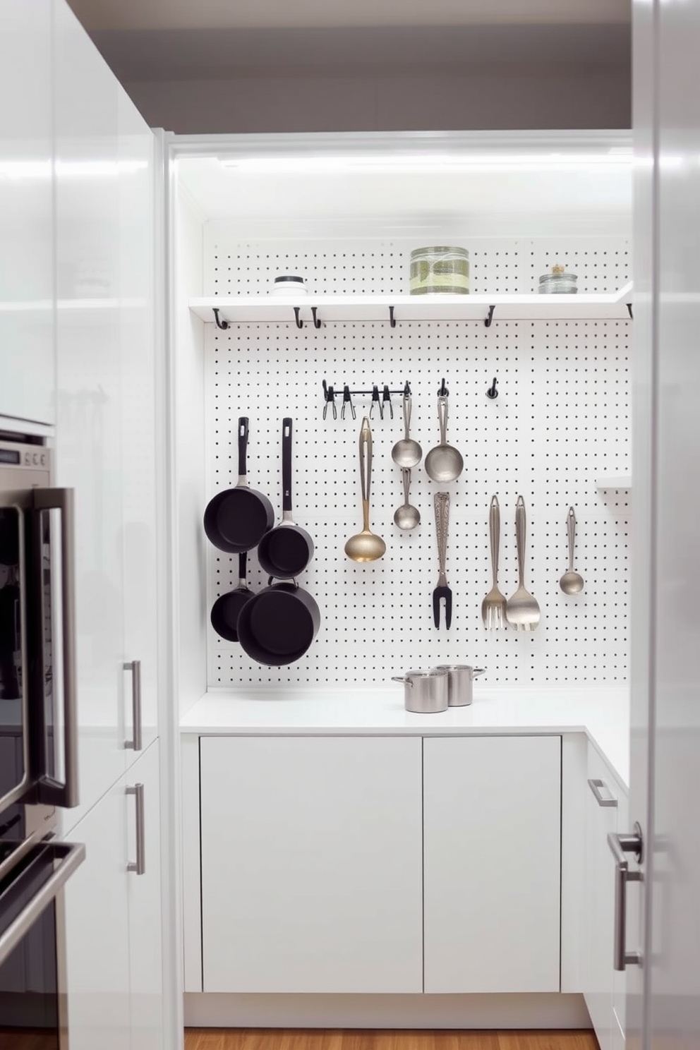 A charming pantry featuring a cozy reading nook. The space includes white cabinetry with glass-front doors showcasing neatly organized jars and containers. In the corner, a comfortable armchair is nestled beside a small bookshelf filled with cookbooks and novels. Soft lighting illuminates the nook, creating an inviting atmosphere perfect for relaxation.