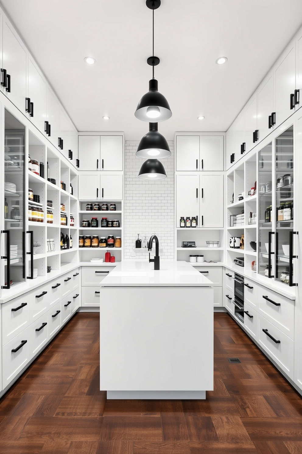 A modern pantry featuring stackable containers that maximize storage efficiency. The containers are clear with sleek lids, arranged neatly on open shelving against a backdrop of soft white cabinetry. The walls are painted in a bright white, enhancing the airy feel of the space. A wooden countertop provides a functional workspace, complemented by decorative baskets for added organization.