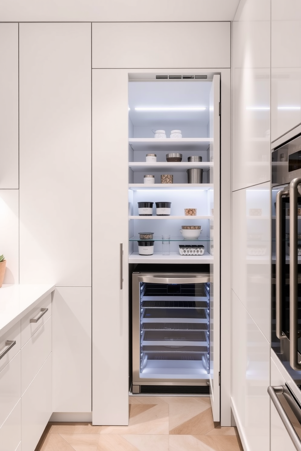 A modern kitchen featuring integrated appliances that blend seamlessly into the cabinetry. The sleek white pantry has minimalist shelving and a hidden refrigerator, creating a cohesive and uncluttered aesthetic. The pantry door is flush with the surrounding cabinetry, maintaining a streamlined appearance. Soft LED lighting illuminates the interior, highlighting organized storage and stylish containers.