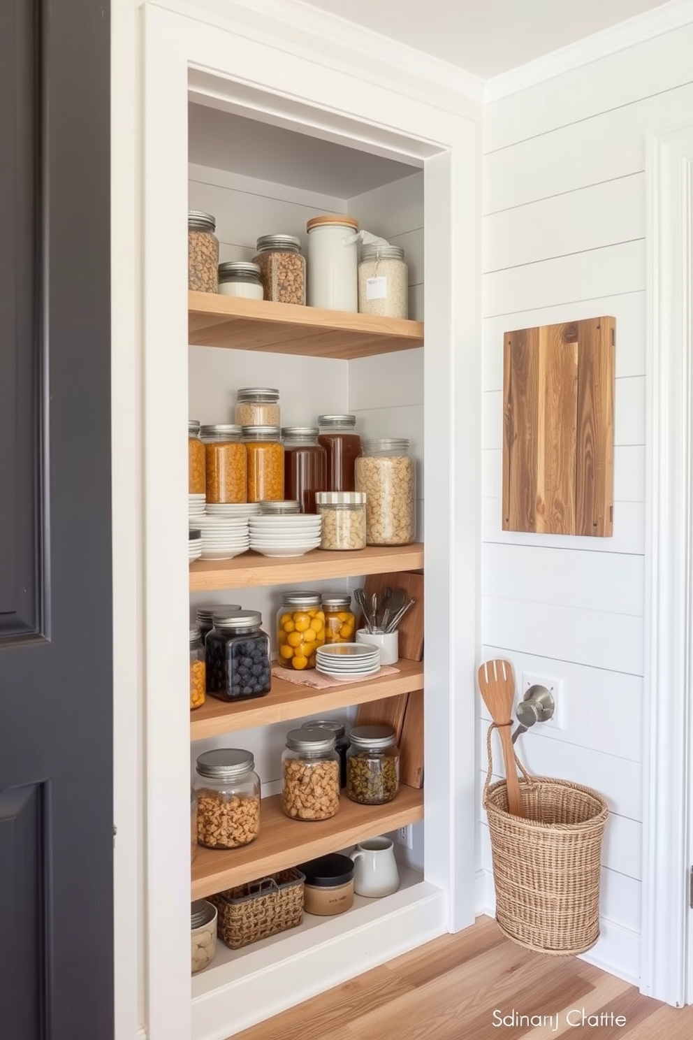 A cozy farmhouse pantry featuring shiplap walls painted in a soft white hue. The space includes open shelving made of reclaimed wood, filled with neatly organized jars and rustic kitchenware.