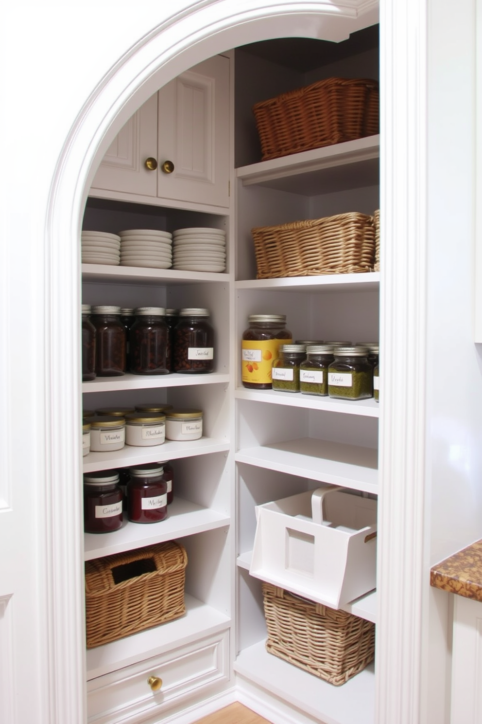 A beautifully designed white pantry features decorative trim that enhances its elegant look. The shelves are neatly organized with labeled jars and baskets, creating a functional yet stylish space.