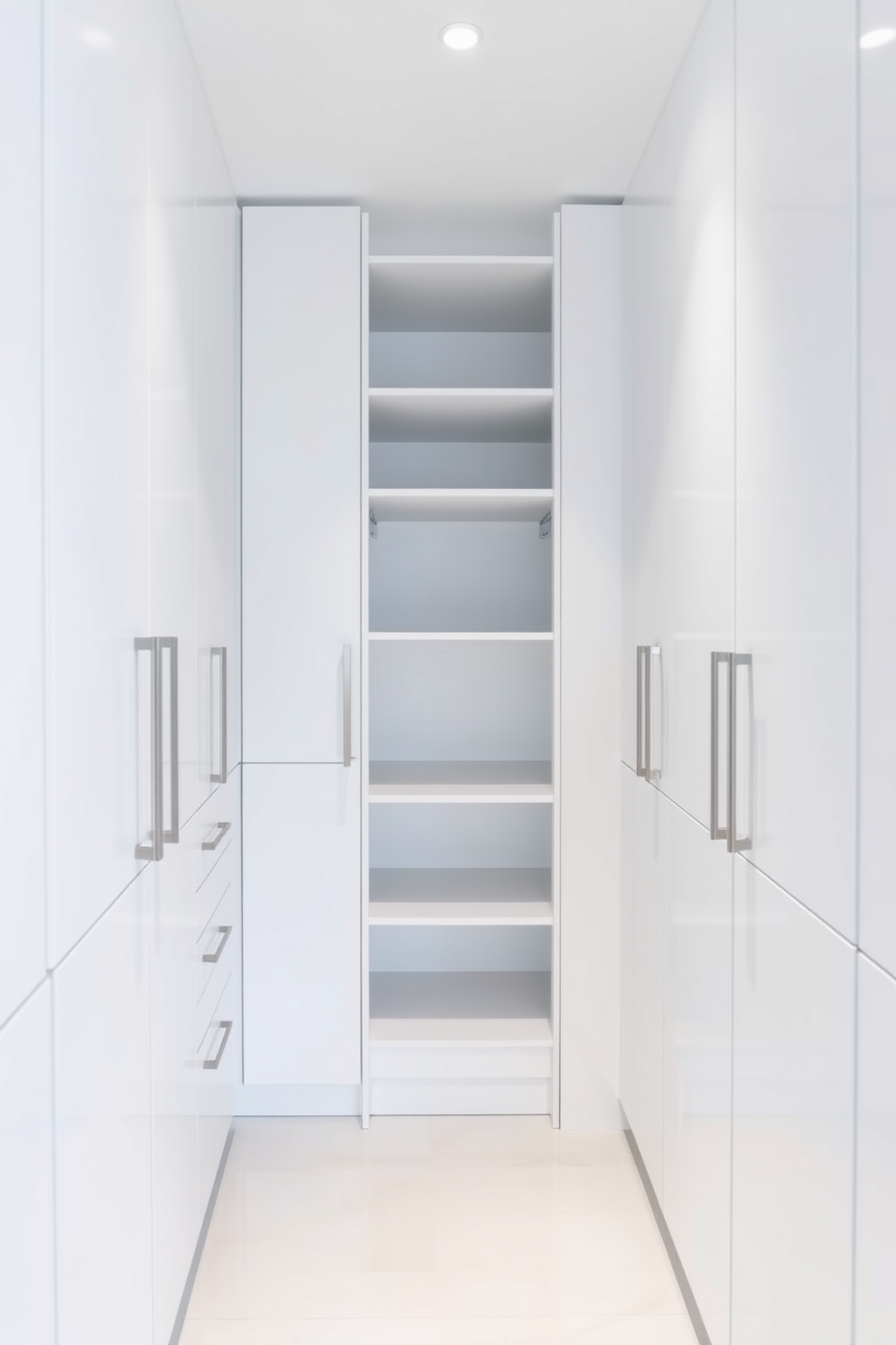 A minimalist pantry featuring sleek lines and a streamlined design. The cabinetry is finished in a crisp white with integrated handles for a seamless look.