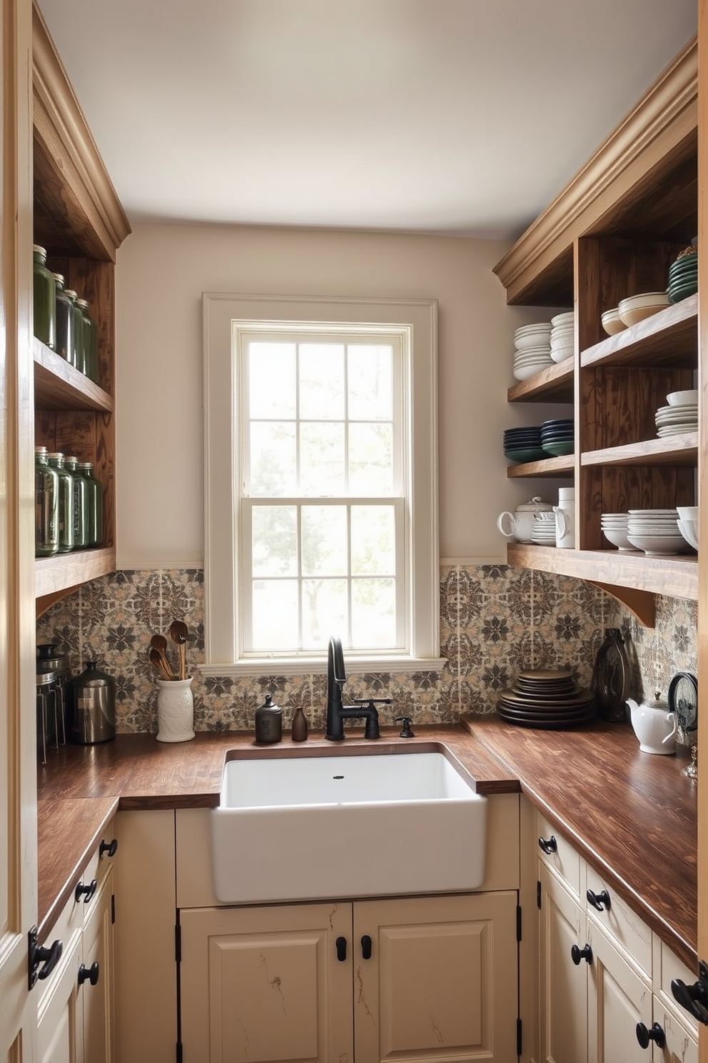 A vintage-inspired pantry featuring open shelving made of reclaimed wood displaying antique jars and rustic dishes. The cabinetry combines classic design elements with modern hardware for a seamless blend of old and new. The walls are painted in a soft cream color, complemented by a colorful backsplash made of patterned tiles. A farmhouse sink sits beneath a window that lets in natural light, enhancing the warm and inviting atmosphere.