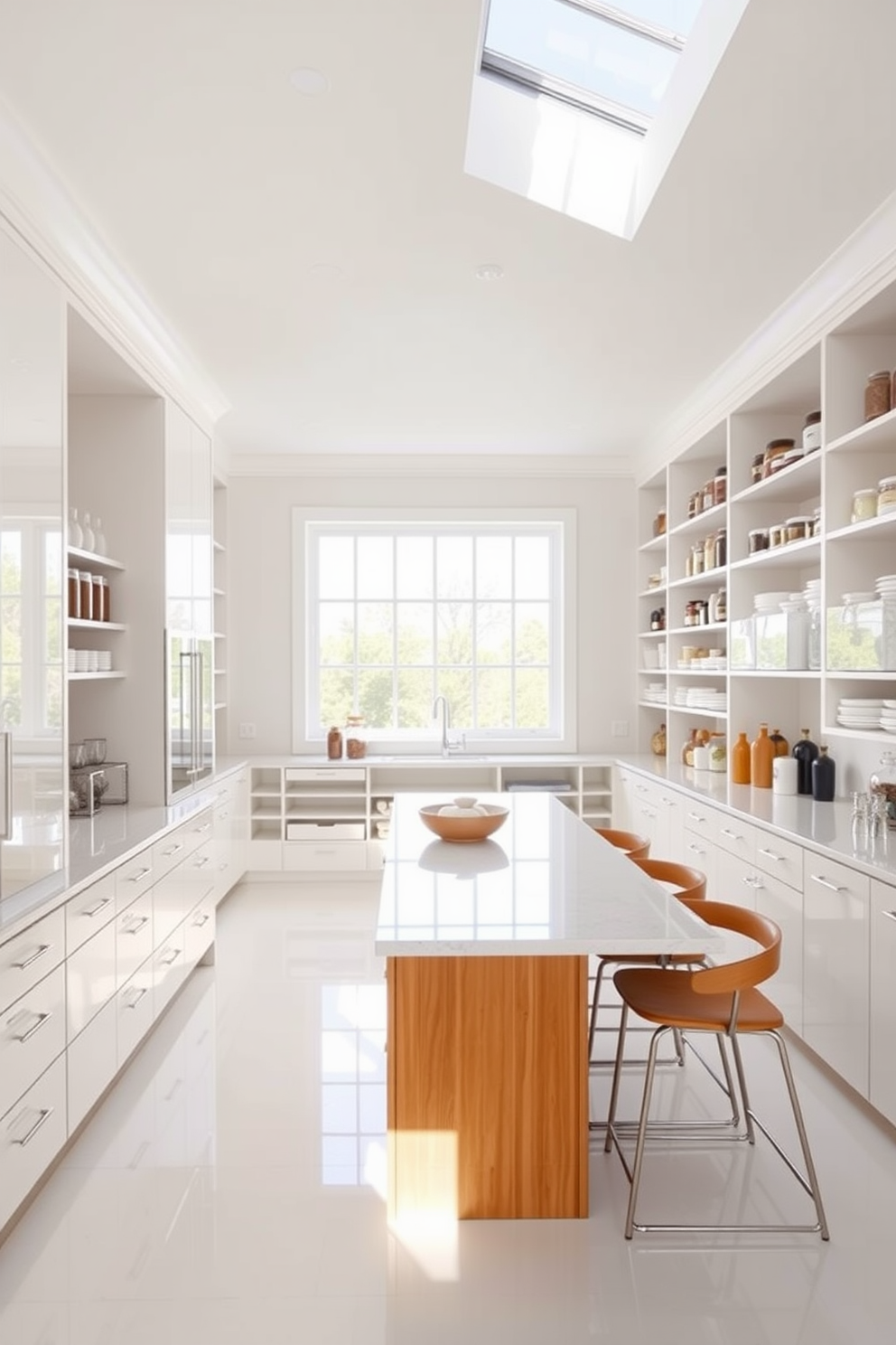 A bright and airy pantry with ample natural light flooding in through large windows. The walls are painted in a crisp white, complementing the sleek cabinetry and open shelving filled with organized jars and containers. The countertops are made of polished quartz, providing a clean and modern workspace. A wooden island in the center adds warmth and functionality, surrounded by stylish bar stools for a casual dining experience.