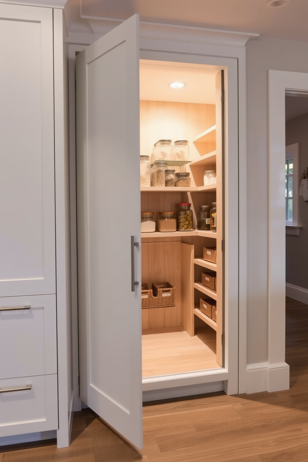 A hidden pantry is seamlessly integrated behind a sleek cabinet door, providing a clean and minimalist look. The pantry features open shelving made of light wood, neatly organized with glass jars and baskets for easy access. The cabinetry is finished in a crisp white, enhancing the bright and airy feel of the kitchen. Soft LED lighting illuminates the pantry, highlighting the beautifully arranged items while maintaining a cozy atmosphere.