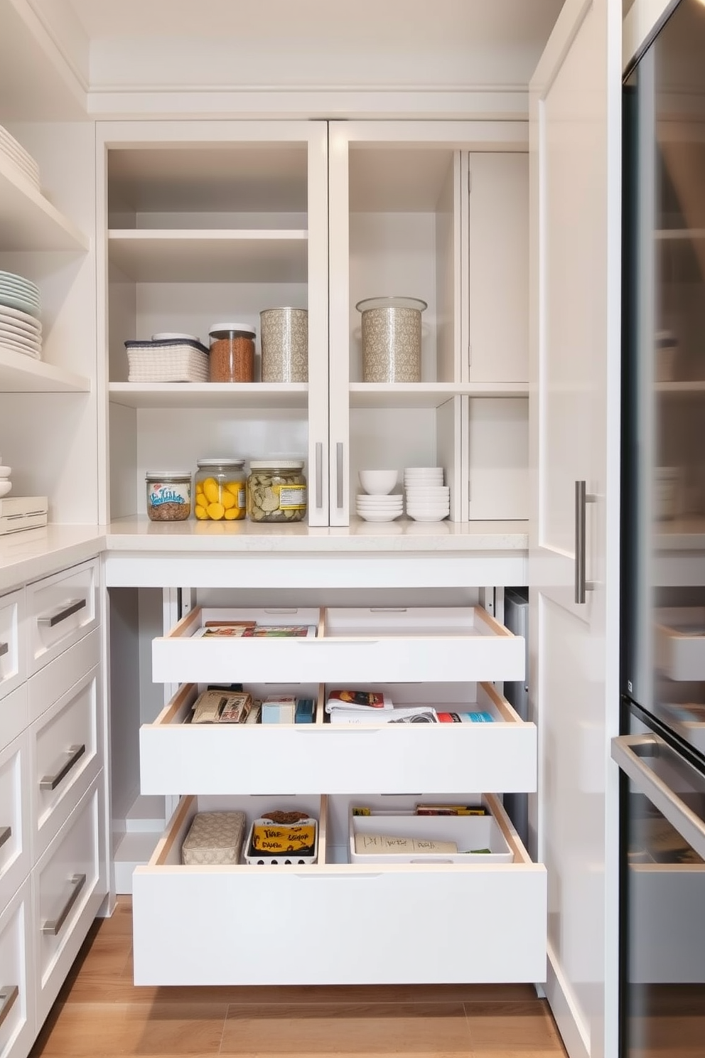 A modern pantry with a matte white finish features sleek cabinetry that seamlessly integrates into the kitchen design. Open shelving displays neatly arranged jars and cookware, while a stylish island provides additional storage and workspace.