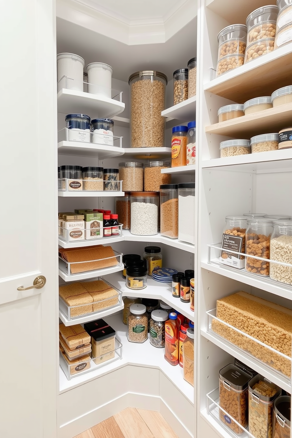 A corner pantry featuring rotating shelves designed in a sleek white finish. The shelves are organized with clear containers holding various dry goods, enhancing both functionality and aesthetics.