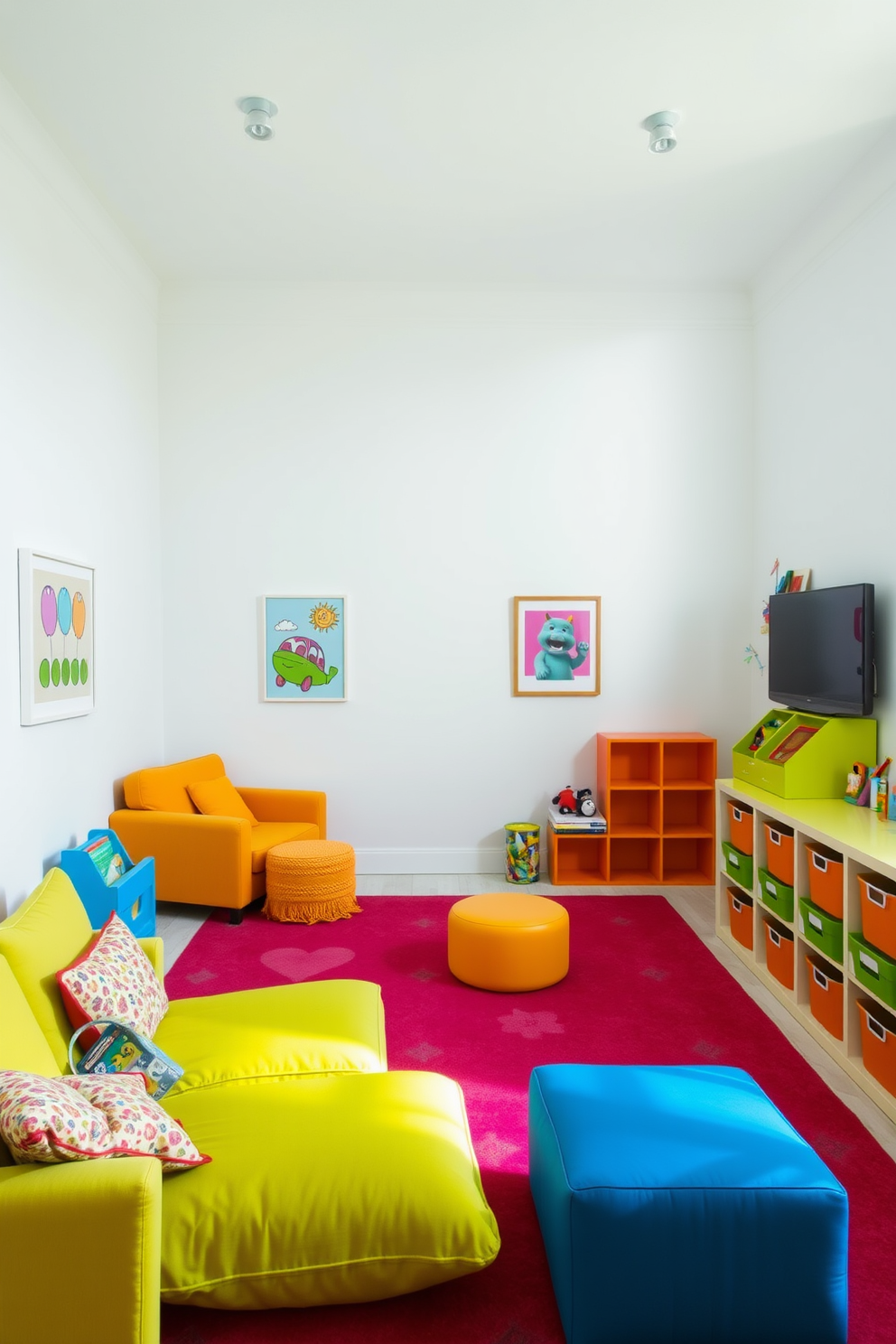 Bright white walls create a clean and airy atmosphere in the playroom. Colorful accents in the form of vibrant furniture, playful wall art, and soft rugs add a cheerful and stimulating environment for children to explore and play.