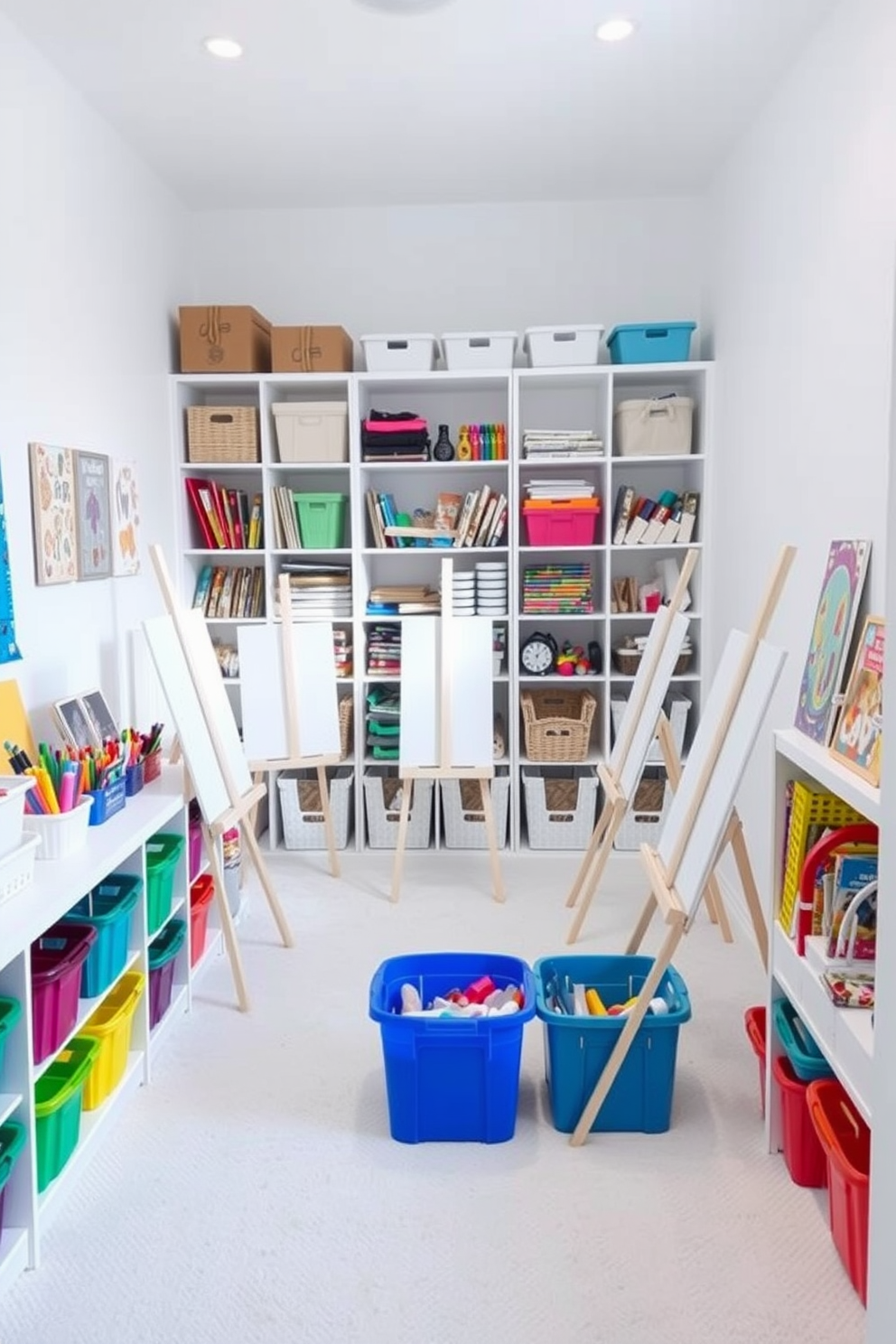 Art station with easels and supplies. The space features multiple easels arranged in a semi-circle, surrounded by a variety of art supplies neatly organized on shelves. White playroom design ideas. The room is bright and airy, with white walls and soft white carpeting, complemented by colorful storage bins filled with toys and art materials.