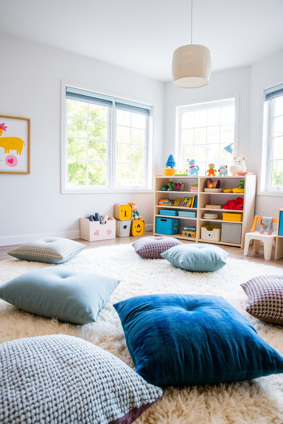 Textured cushions in various shades of blue and gray are scattered across a plush white rug, inviting children to sit and play. The walls are painted in a soft pastel hue, creating a calm and cheerful atmosphere for creative activities. The playroom features a whimsical bookshelf filled with colorful toys and books, encouraging imagination and exploration. Natural light floods the space through large windows, highlighting the playful decor and vibrant artwork that adorns the walls.