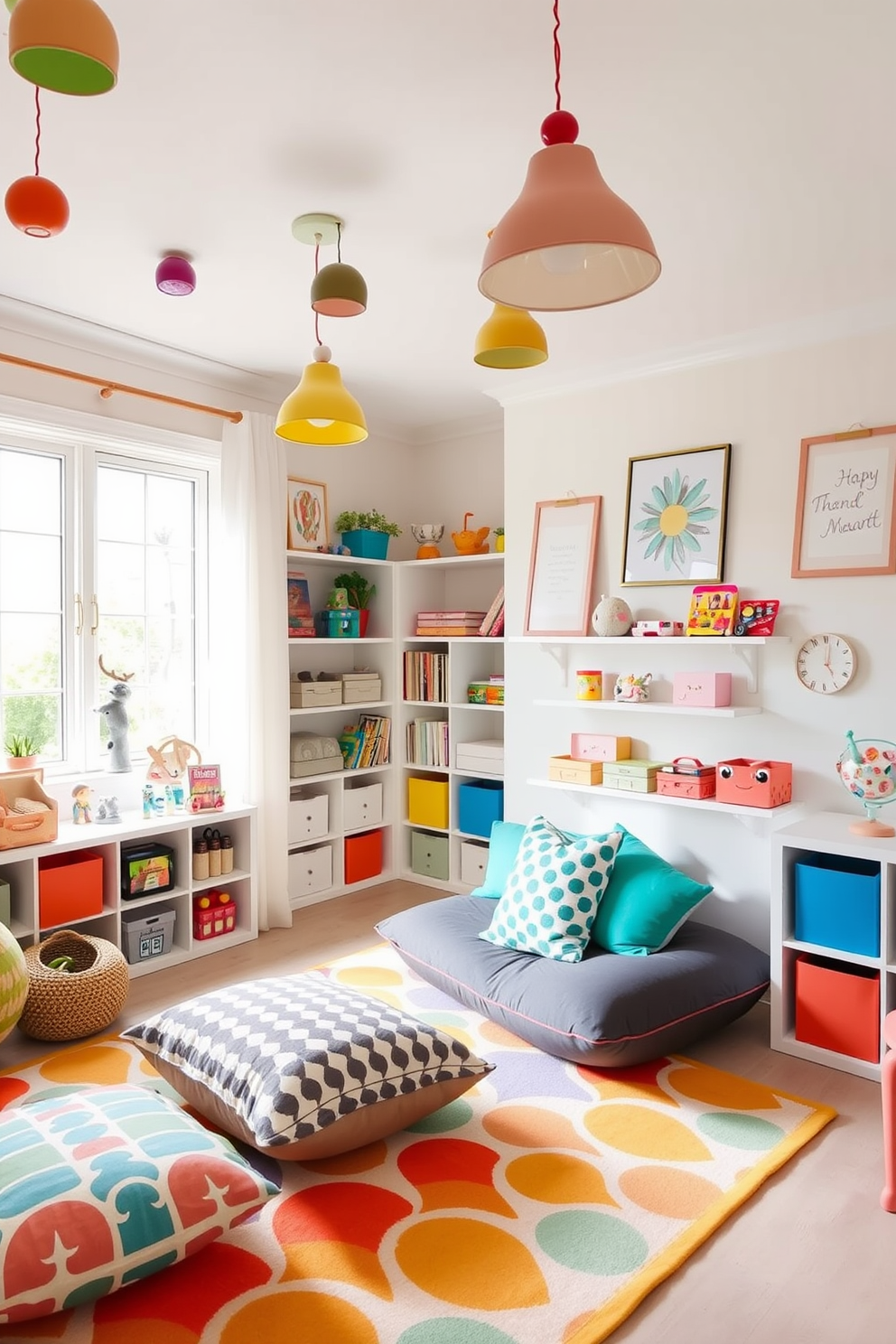 A playful white playroom filled with natural light. The ceiling features fun, colorful pendant lights that create a whimsical atmosphere. The walls are adorned with cheerful artwork and soft shelving filled with toys. A cozy area rug in bright patterns defines a playful reading nook with oversized cushions.