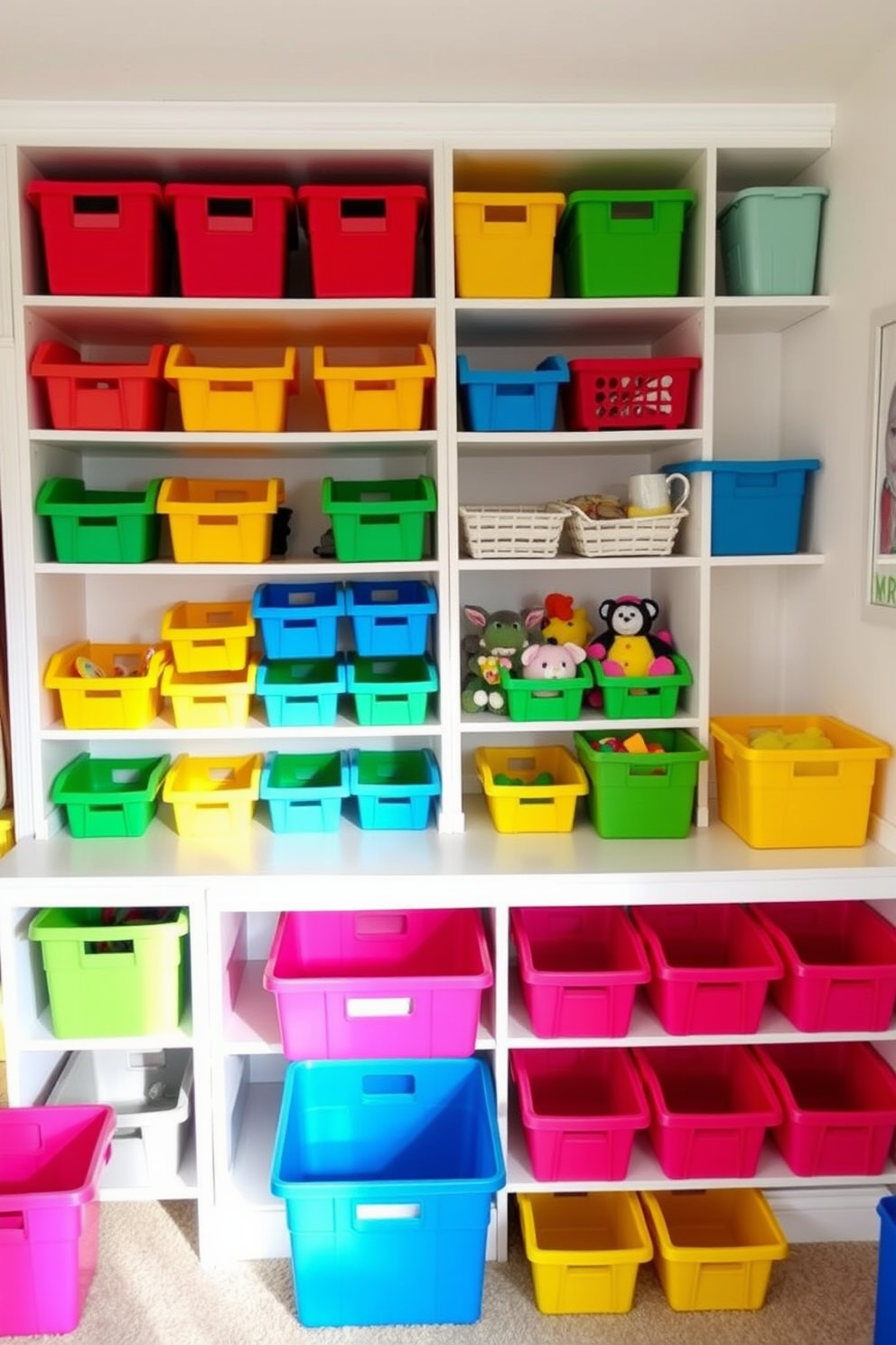 A playful and inviting playroom filled with vibrant storage bins in bright colors. The walls are painted in a soft white, creating a cheerful atmosphere that encourages creativity and fun.