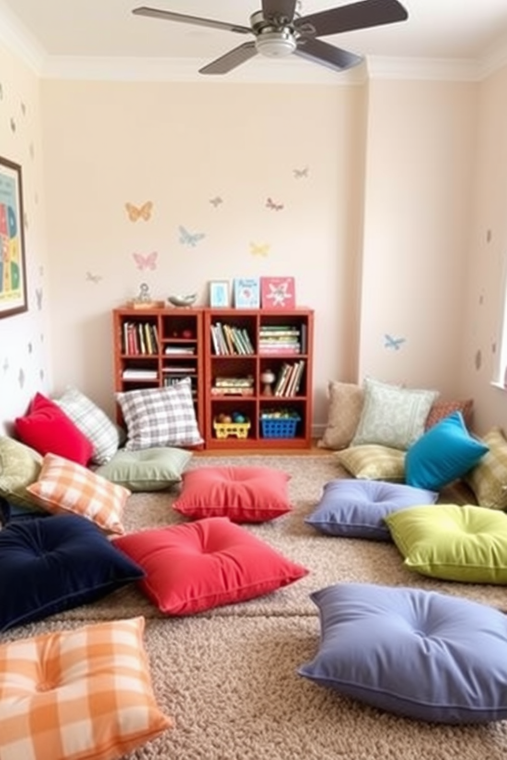 Create a playful and inviting playroom filled with colorful floor cushions arranged in a cozy seating area. The walls are painted in soft pastel colors with playful wall decals and a soft area rug underfoot to enhance comfort. Incorporate a variety of textures and patterns for the floor cushions to create a fun and relaxed atmosphere. Add a small bookshelf filled with children's books and toys to complete the whimsical design.