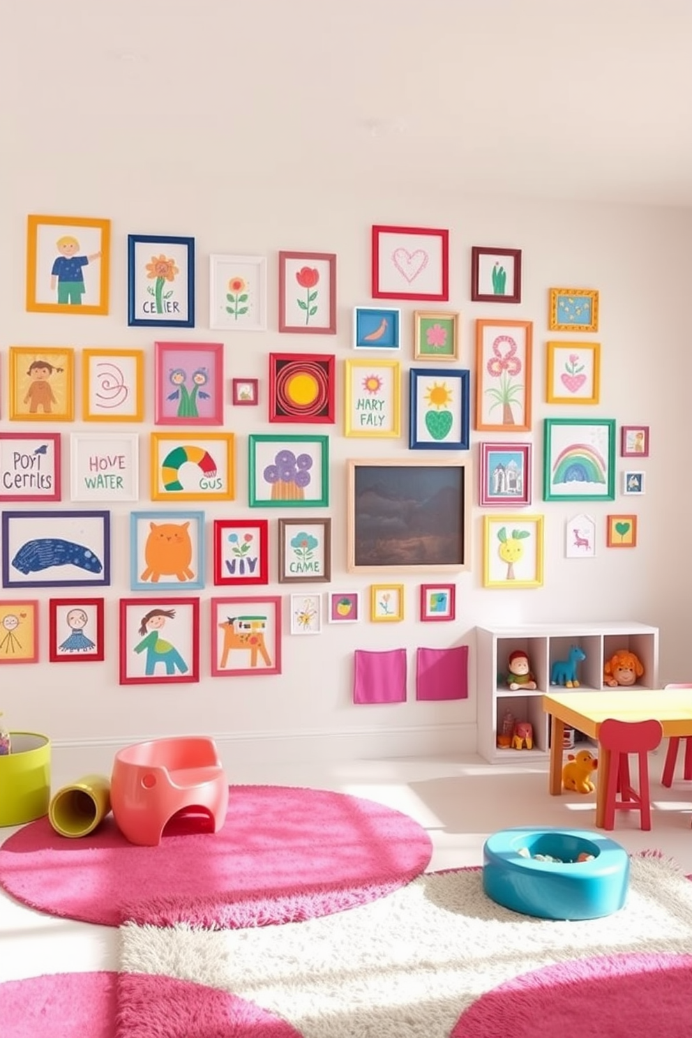 A gallery wall filled with vibrant children's artwork showcasing various styles and colors. The wall is adorned with playful frames in different shapes and sizes, creating a cheerful and inspiring atmosphere. A bright and airy playroom designed with soft white walls and colorful accents. The space features plush rugs, comfortable seating, and interactive play areas that encourage creativity and imagination.