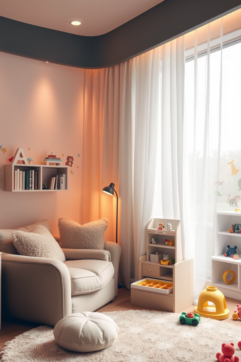 A cozy reading nook with white bookshelves filled with colorful books. A plush armchair in a soft fabric is positioned next to a large window, allowing natural light to flood the space. A playful playroom designed with bright colors and engaging decor. Soft rugs cover the floor, and various toys are neatly organized on open white shelves, creating an inviting atmosphere for children.