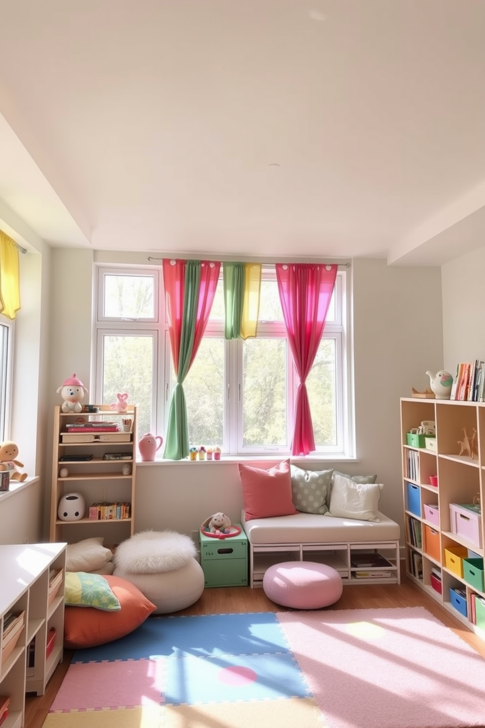 A bright and cheerful playroom filled with natural light. The walls are painted in a soft pastel shade, and colorful curtains hang from large windows, adding a playful touch to the room. The space features a variety of soft play mats and a cozy reading nook with plush cushions. Shelves are filled with toys and books, creating an inviting and stimulating environment for children to explore and play.