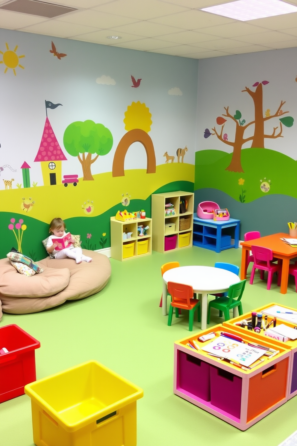 A vibrant playroom featuring colorful murals on a white feature wall that showcases playful animals and abstract shapes. The space is filled with soft, cushioned seating and a variety of toys neatly organized in colorful bins.