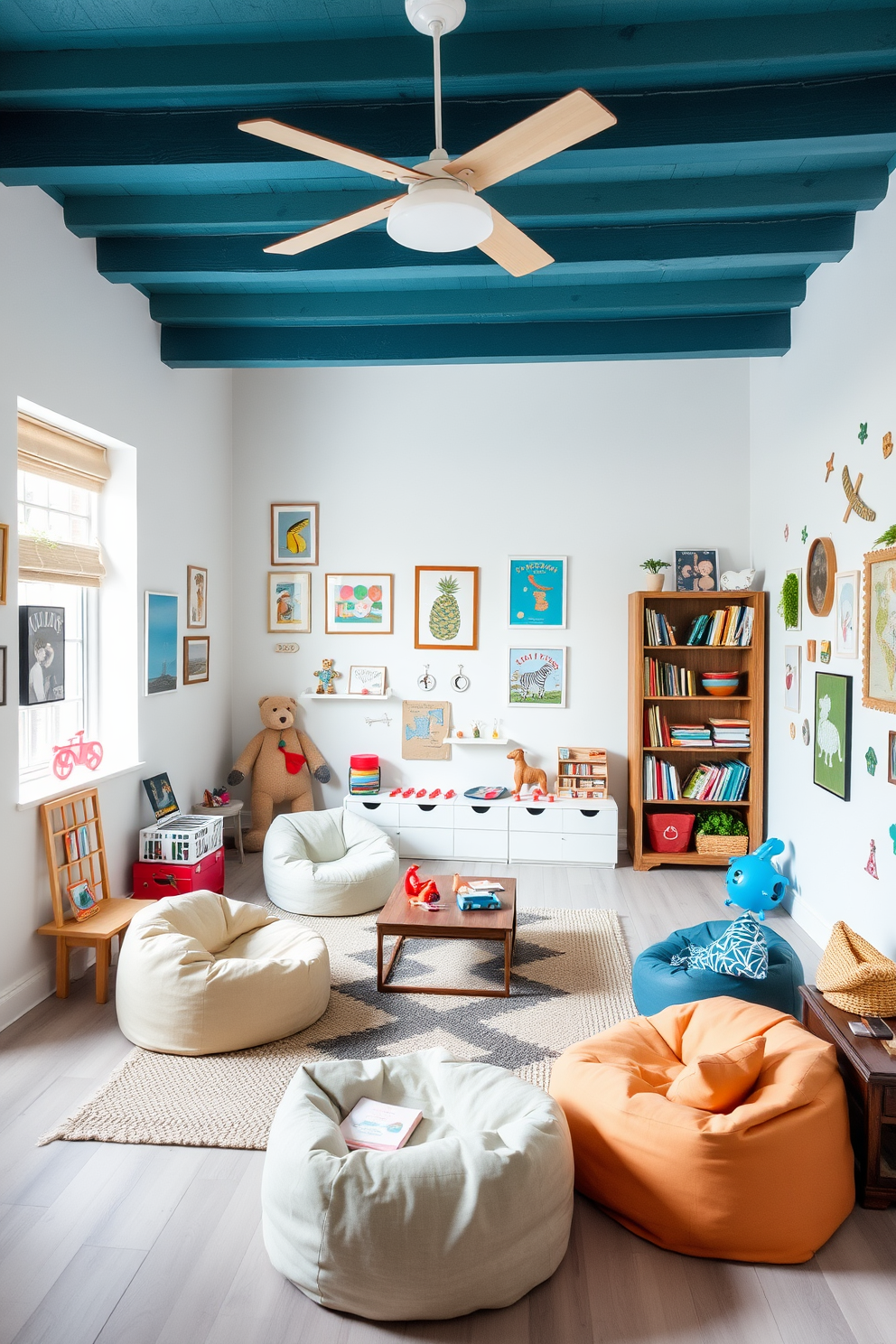 A bright and airy playroom filled with a mix of modern and vintage decor. The walls are painted in a soft white, complemented by colorful artwork and playful wall decals. A vintage wooden bookshelf stands against one wall, filled with an array of books and toys. In the center, a contemporary rug anchors a cozy seating area with bean bags and a low table for creative activities.