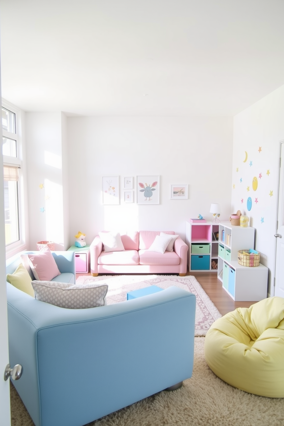 Soft pastel furniture creates a serene and inviting atmosphere in the playroom. The walls are painted in a light, airy color, and plush rugs provide a comfortable area for play. Incorporate a mix of soft pinks, blues, and yellows in the furniture choices, such as a pastel blue sofa and a pale yellow bean bag chair. Add whimsical touches like colorful wall decals and playful storage solutions to keep the space organized and fun.