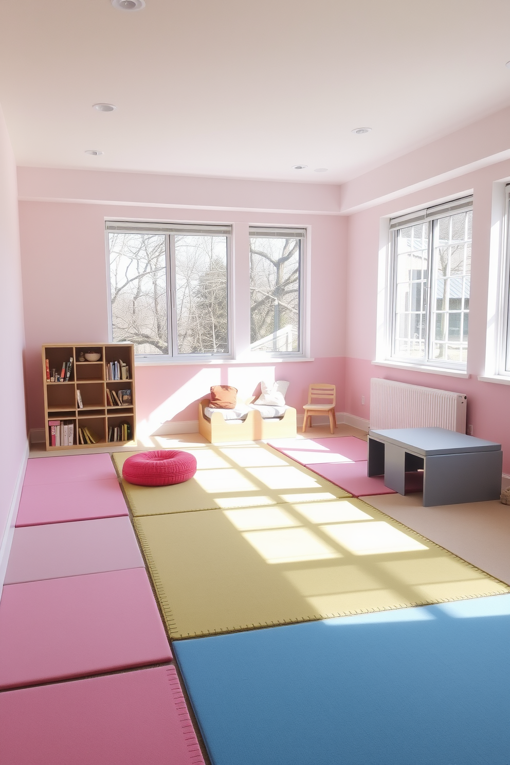 A bright and airy playroom filled with padded play mats for safety. The walls are painted in soft pastel colors, creating a serene environment for children to play. In one corner, there is a cozy reading nook with a small bookshelf and plush cushions. Large windows allow natural light to flood the space, enhancing the cheerful atmosphere.