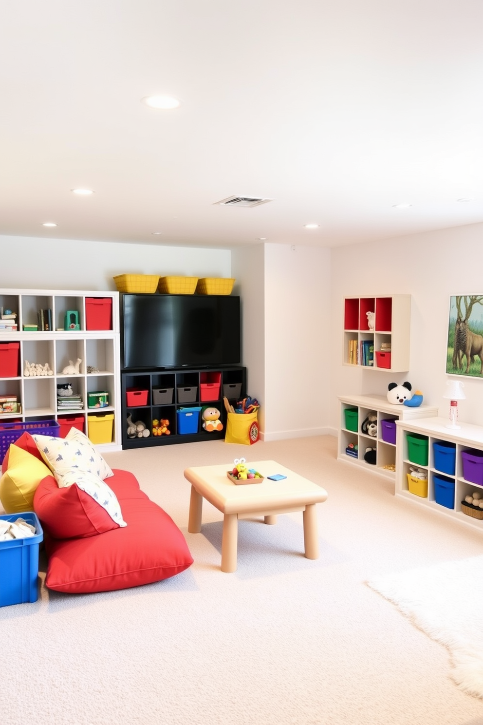 A bright and airy art and homework space features a sleek white desk positioned against a large window that allows natural light to flood the room. The desk is adorned with colorful stationery, a stylish lamp, and a comfortable ergonomic chair for focused study sessions. The playroom design showcases a whimsical atmosphere with soft white walls and vibrant accents throughout. Plush rugs, playful storage solutions, and a variety of engaging toys create a fun and inviting space for children to explore and play.