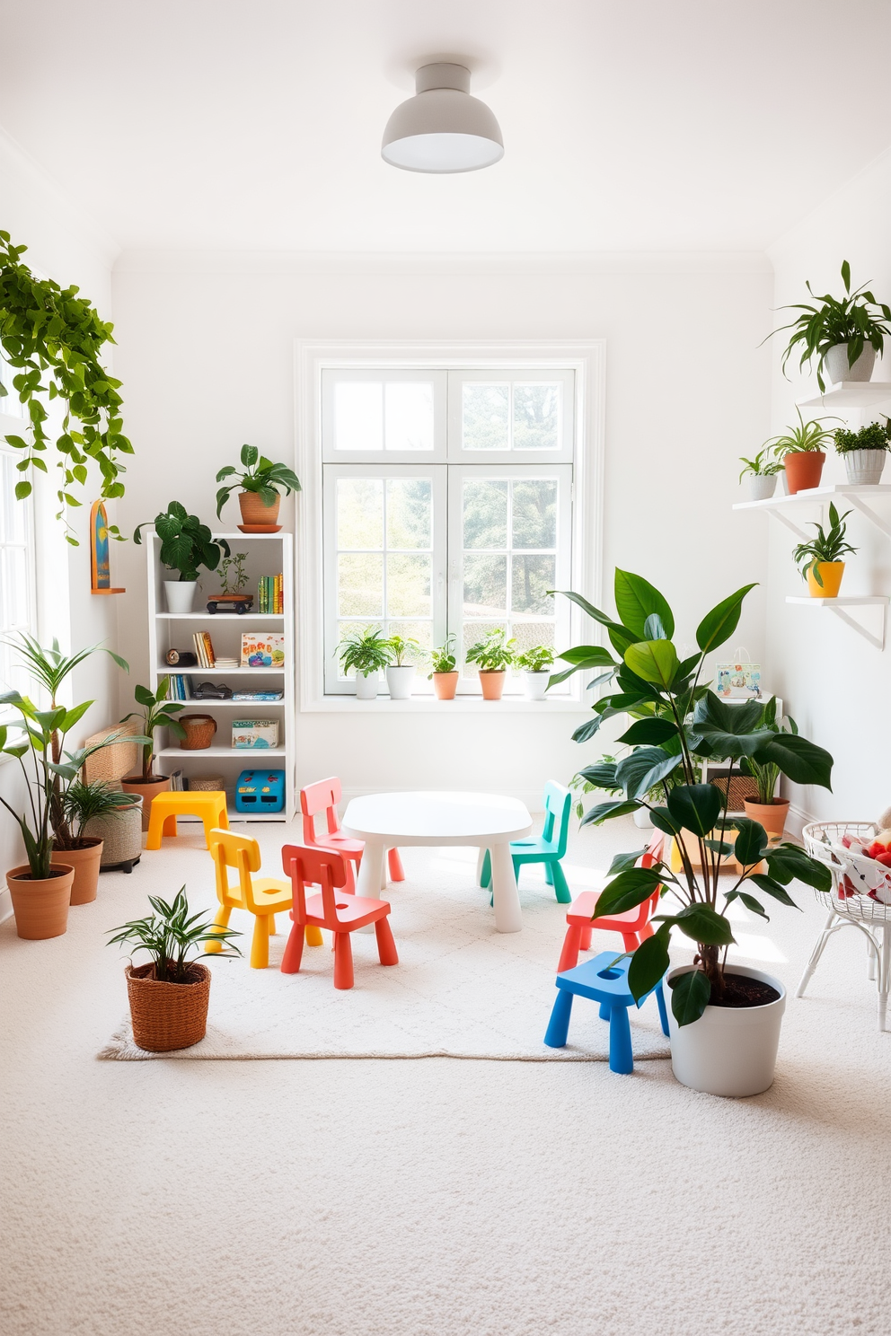 A bright and airy playroom filled with natural light features soft white walls and a plush light-colored carpet. Indoor plants in various sizes are strategically placed around the room, adding a touch of greenery and a calming atmosphere. The play area includes a low white table surrounded by colorful, child-sized chairs, creating an inviting space for creativity. Shelves lined with toys and books are complemented by potted plants, enhancing the playful yet serene environment.