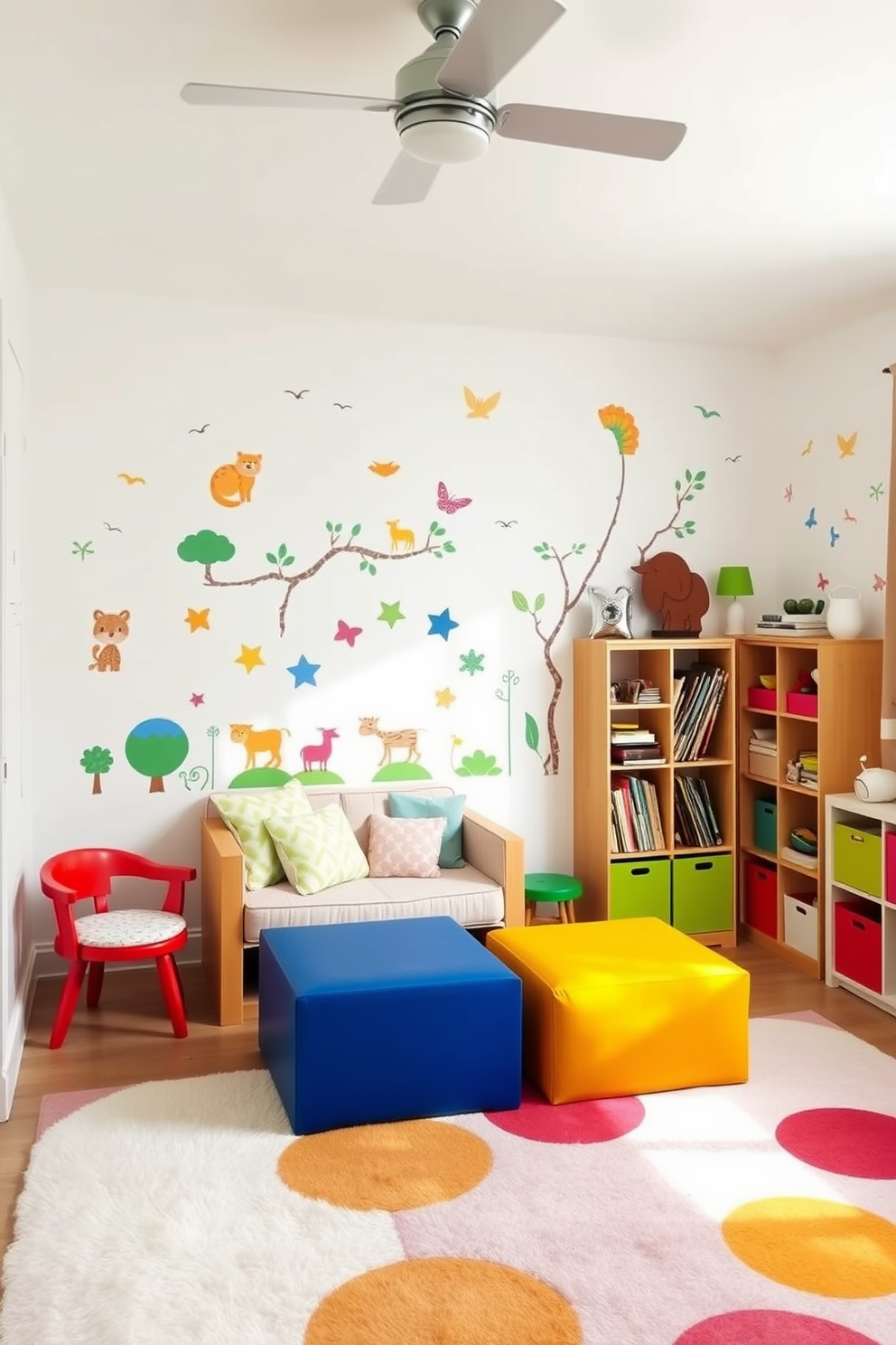 A bright and airy playroom filled with whimsical wall decals featuring animals and nature scenes. The walls are painted in a soft white hue, creating a cheerful backdrop for colorful furniture and playful decor. The room includes a cozy reading nook with plush cushions and a small bookshelf filled with children's books. A large, soft area rug in vibrant colors covers the floor, providing a comfortable space for play and creativity.