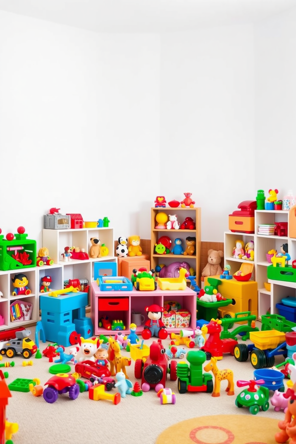 A bright and cheerful playroom filled with an array of colorful toys that serve as decorative elements. The walls are painted in a soft white, creating a clean backdrop for the vibrant toys scattered throughout the space.