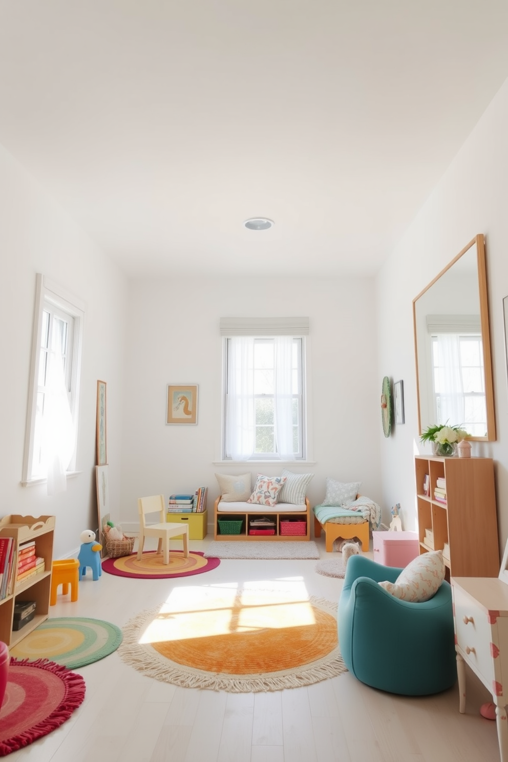 A bright and airy playroom filled with natural light. The walls are painted in a soft white hue, and large mirrors are strategically placed to enhance the sense of space and depth. Colorful rugs and playful furniture pieces are scattered throughout the room. A cozy reading nook with plush cushions is positioned near the windows, inviting children to explore their imagination.