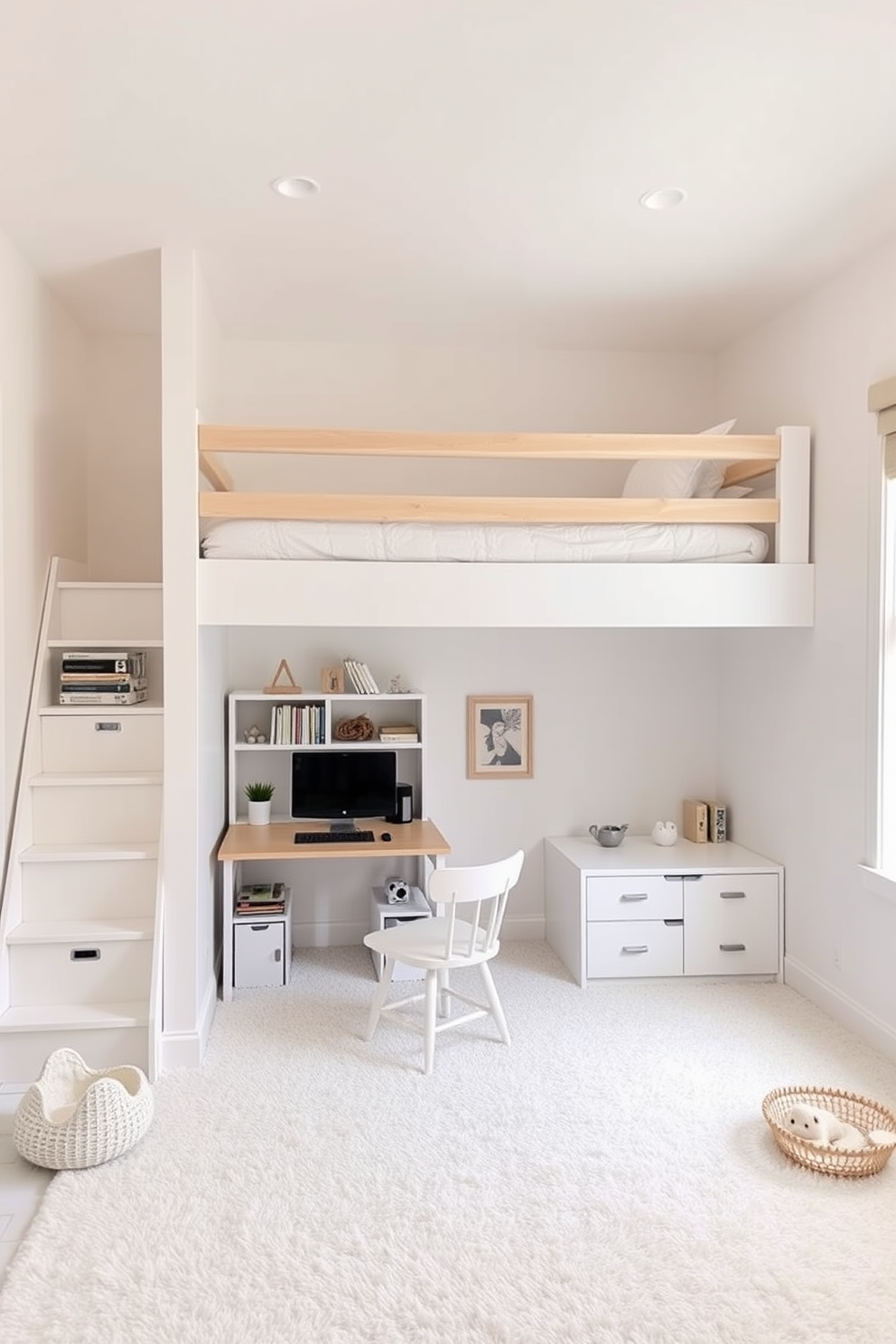 Creative use of space with loft beds. The room features a loft bed elevated above a cozy study area, maximizing floor space while providing a playful atmosphere. White playroom design ideas. The walls are adorned with soft white paint, and the floor is covered with a plush white carpet, creating a bright and inviting environment for children to explore and play.