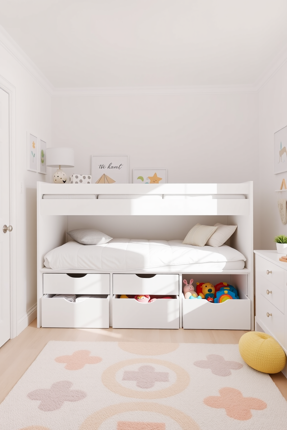 A bright and airy playroom with a soft white color palette. Under the bed, there are spacious storage drawers designed to neatly hide away toys, keeping the room organized and clutter-free. The walls are adorned with playful, whimsical art that sparks creativity. A cozy area rug in pastel colors adds warmth and comfort to the space, inviting children to play and explore.