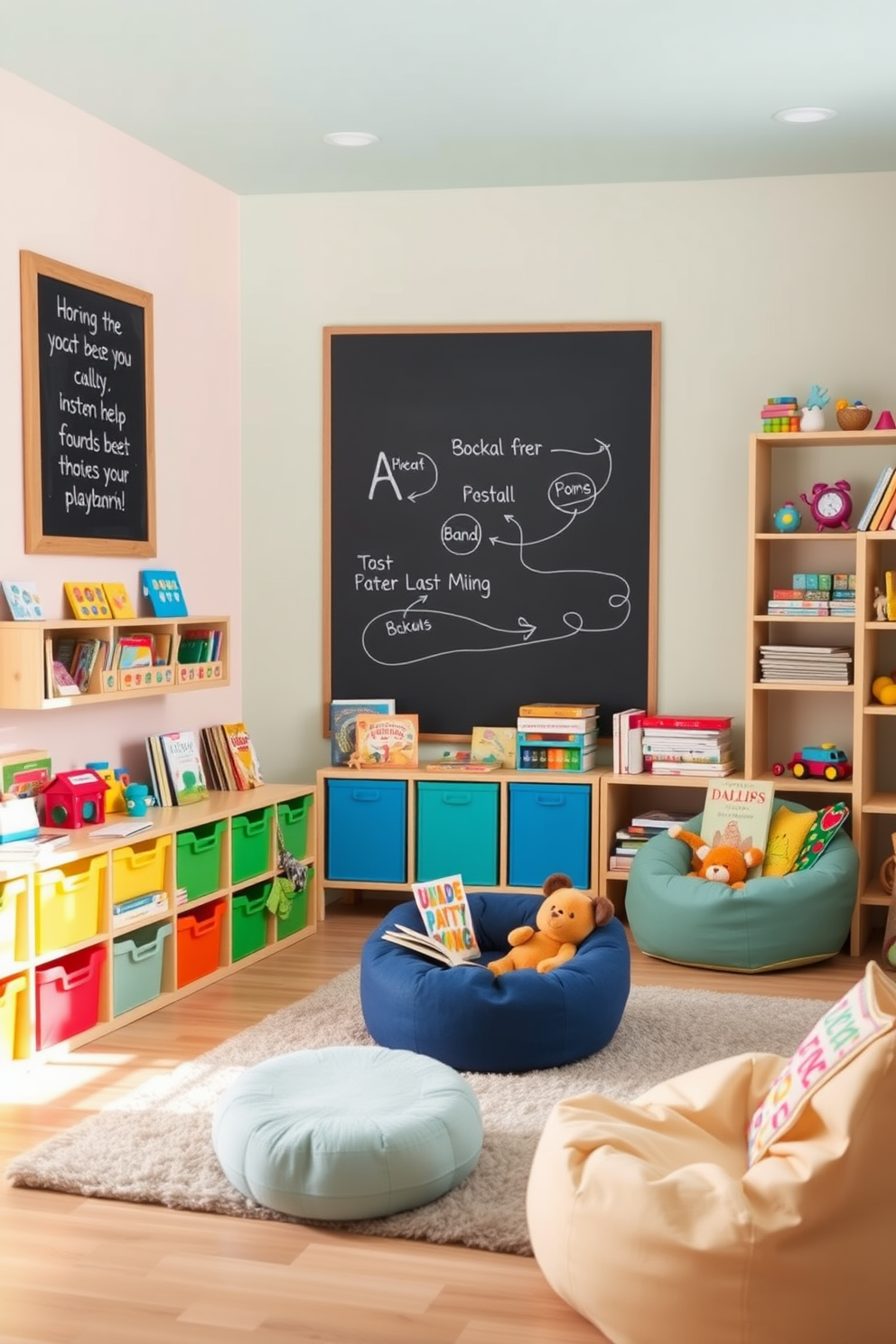 A bright and inviting playroom filled with educational elements. The walls are painted in soft pastel colors, featuring a large chalkboard for creative expression and learning activities. Colorful storage bins are neatly arranged, filled with books and educational toys that encourage exploration and play. A cozy reading nook with a plush rug and bean bags invites children to dive into their favorite stories while enhancing their love for learning.