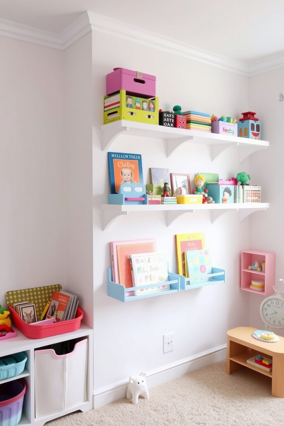 A bright and airy playroom features wall-mounted shelves neatly organized with colorful toys and books. The walls are painted in a soft white hue, complemented by playful accents in pastel colors throughout the space.