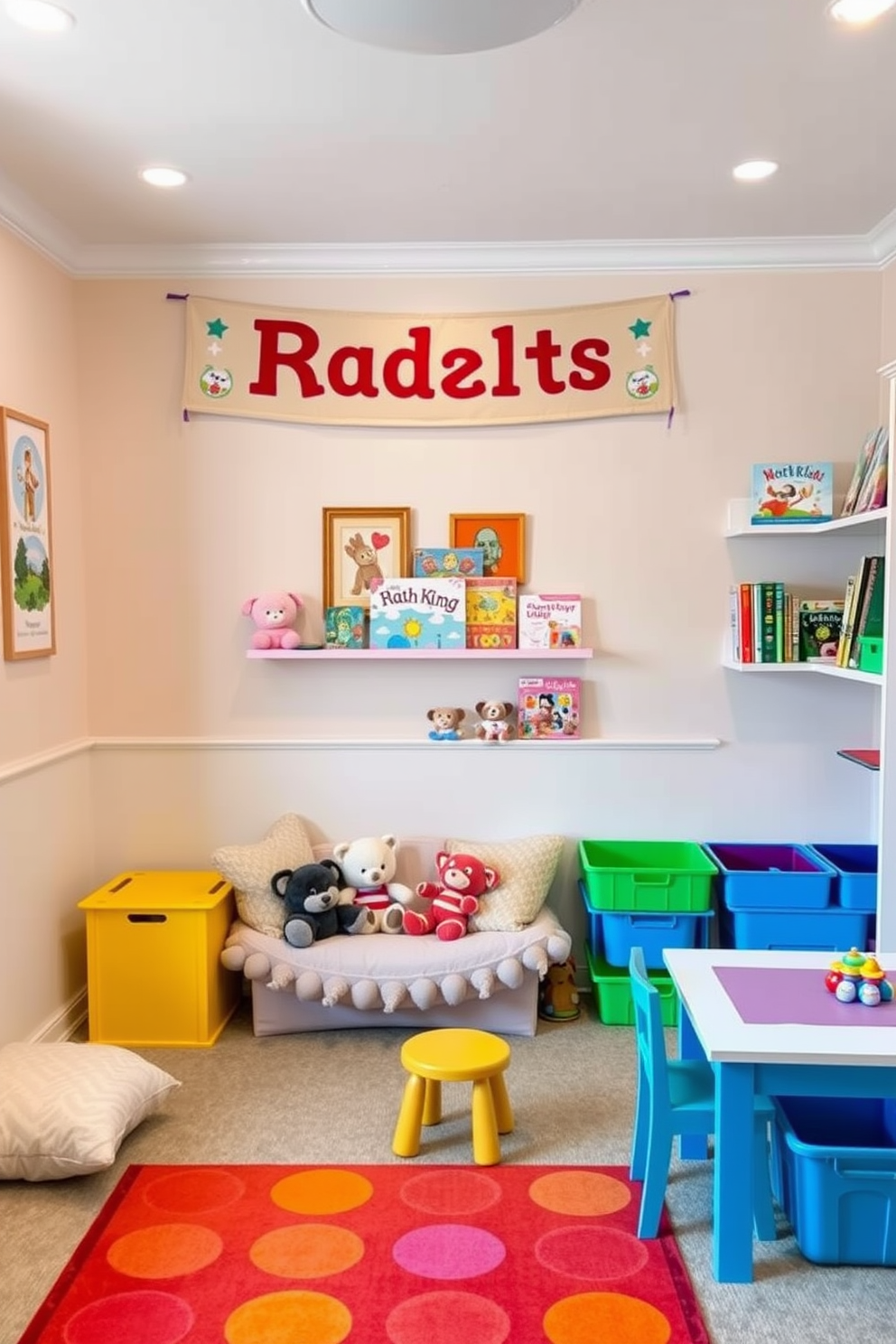 A playful white playroom featuring soft furnishings adorned with vibrant animal prints. The walls are painted in a crisp white, creating a bright and cheerful atmosphere, while colorful rugs add warmth and texture to the space.