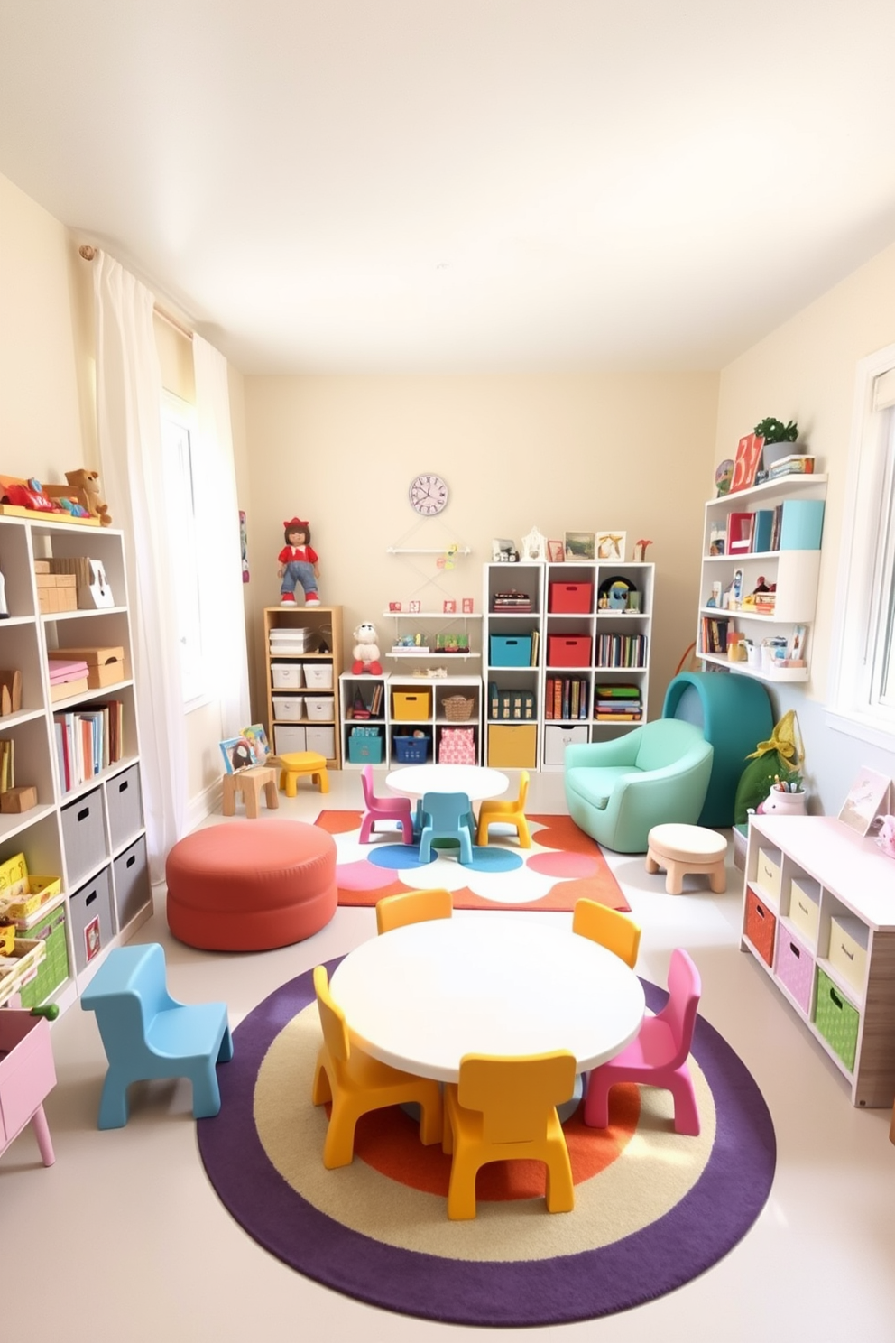 A bright and inviting playroom filled with natural light. The walls are painted in soft pastel colors, and a colorful area rug is placed in the center to add warmth and comfort. Various playful furniture pieces are scattered throughout, including a low table surrounded by small chairs. Shelves are filled with toys and books, creating an engaging environment for children to explore and learn.