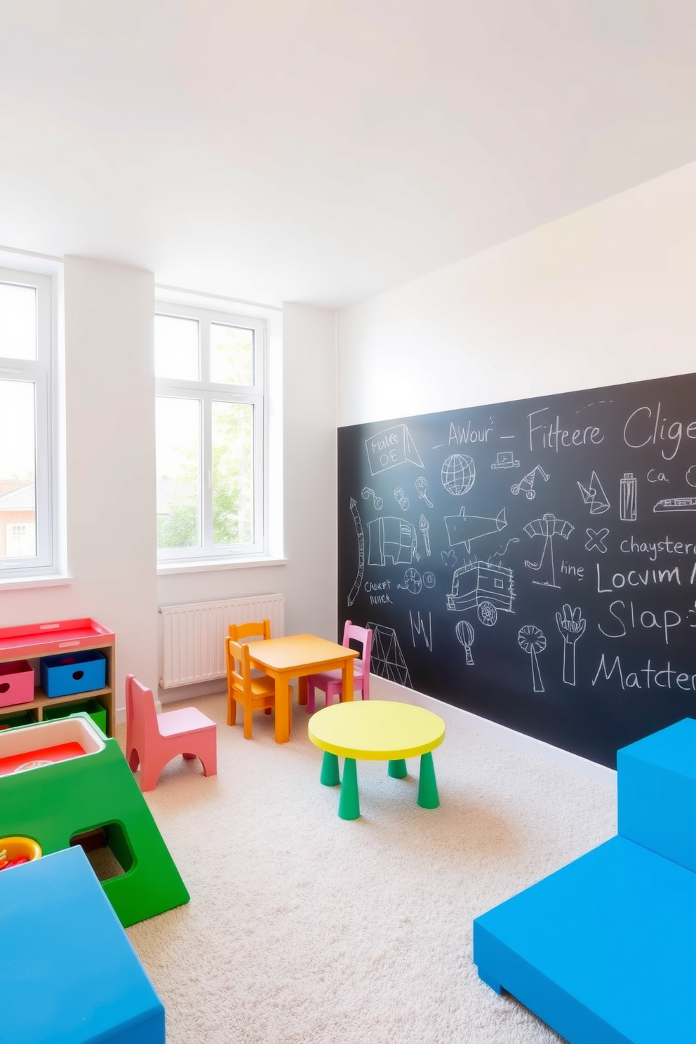 A playful and interactive chalkboard wall stretches across one side of the white playroom, inviting children to express their creativity through drawing and writing. The floor is covered in soft, plush carpeting, providing a comfortable space for play and exploration. Brightly colored furniture pieces, including a small table and chairs, are arranged in a cozy corner, encouraging collaborative activities and imaginative games. Large windows allow natural light to flood the room, enhancing the cheerful atmosphere and making it a perfect space for creativity.