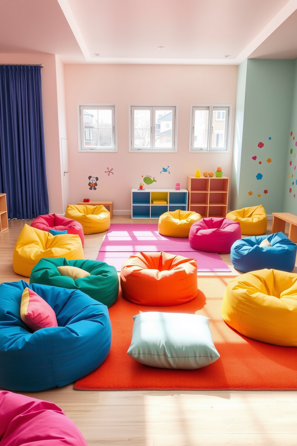 A bright and cheerful playroom featuring pastel-colored art pieces displayed on pristine white walls. The space is filled with soft, colorful rugs and comfortable seating areas, creating an inviting atmosphere for children to play and explore.