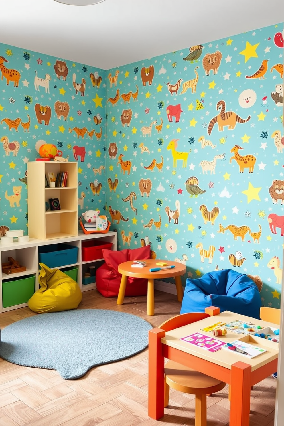 A bright and cheerful playroom featuring playful wallpaper adorned with whimsical patterns of animals and stars. The space is filled with colorful furniture including a soft rug, bean bags, and a small table for arts and crafts.