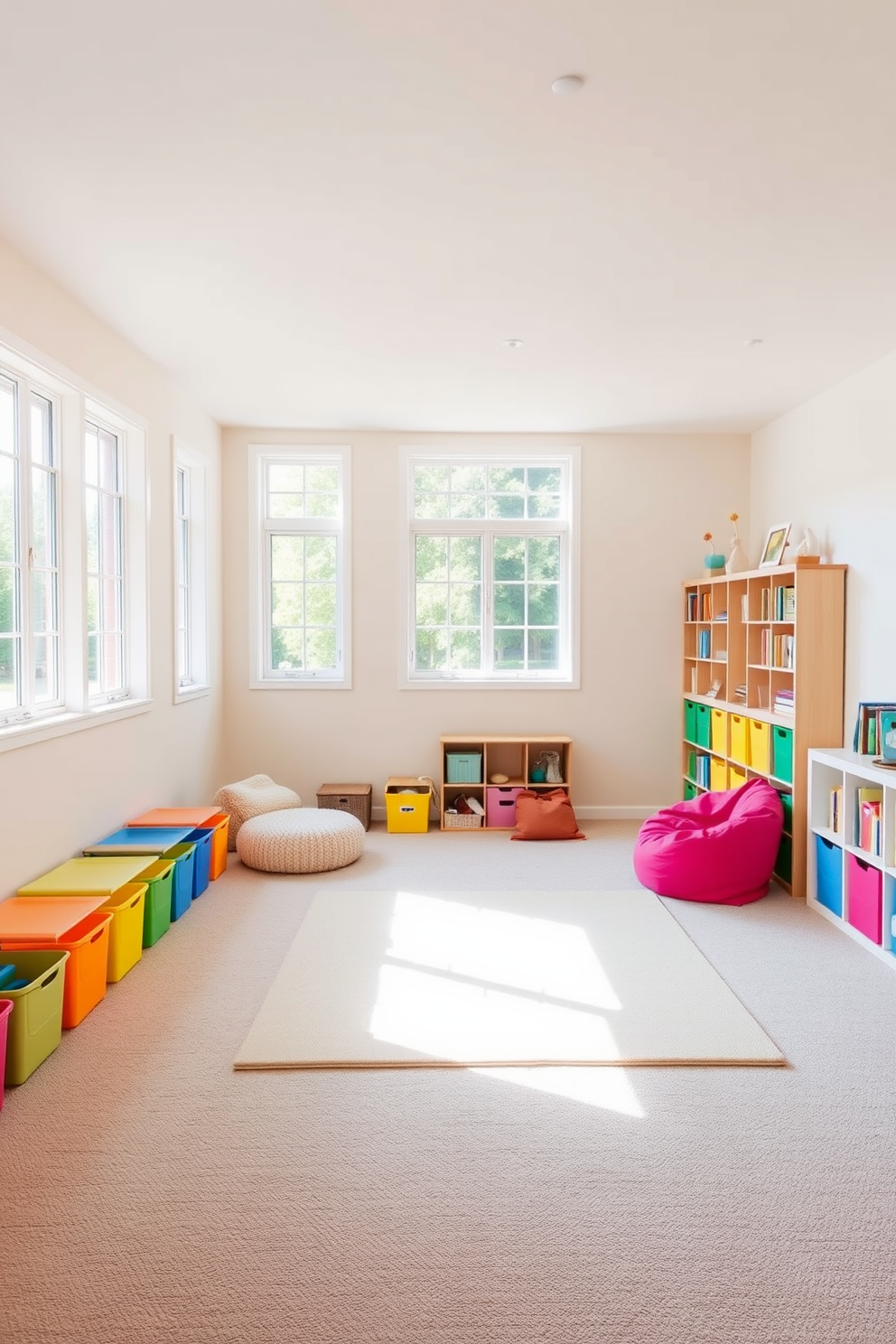 A bright and airy playroom filled with natural light streaming through large windows. The walls are painted in soft pastel colors, and the floor is covered with a plush, neutral-toned carpet. Colorful storage bins are neatly arranged along one wall, providing a fun and organized space for toys. A large, inviting play mat sits in the center, surrounded by a cozy reading nook with bean bags and shelves filled with books.