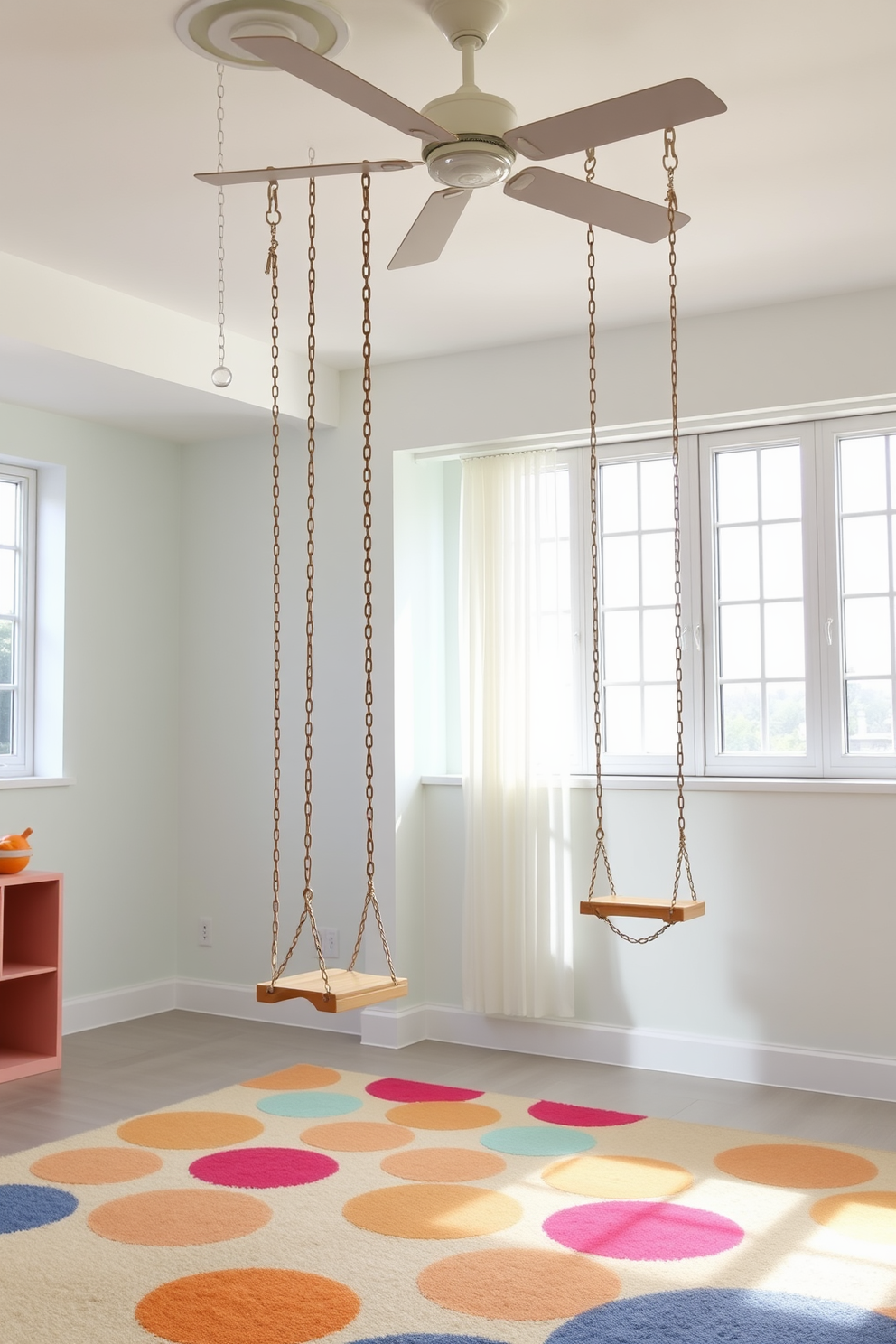 A bright and airy playroom filled with natural light features hanging swings suspended from the ceiling, creating a playful and inviting atmosphere. The walls are painted in soft pastel colors, and the floor is covered with a plush, colorful area rug to enhance comfort and creativity.