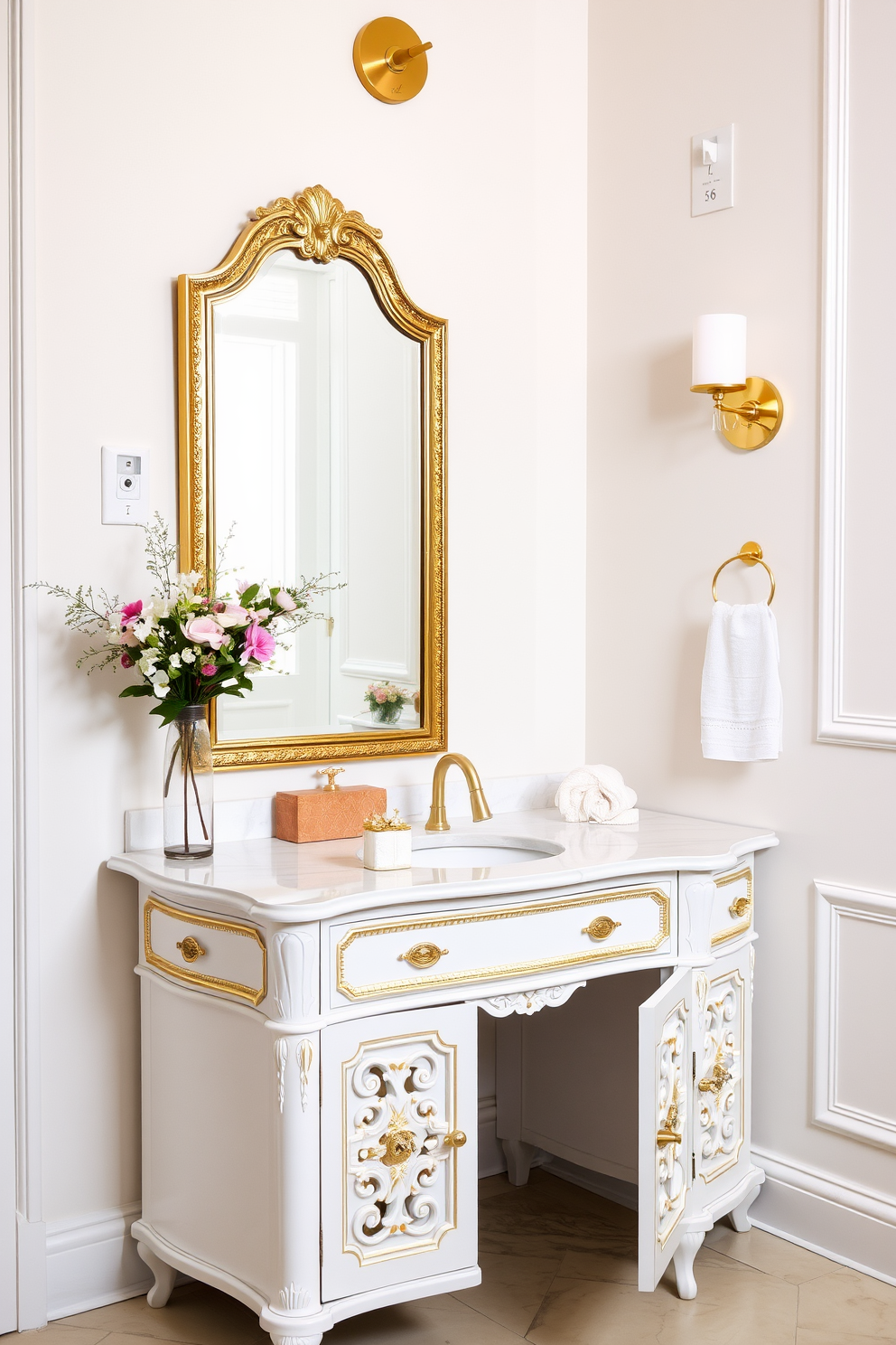 Elegant white vanity with gold accents. The vanity features intricate detailing and a sleek marble countertop, complemented by a stylish wall-mounted mirror with a gold frame. The walls are painted in a soft pastel hue, creating a serene atmosphere. Decorative elements include a chic gold light fixture and fresh flowers in a delicate vase on the countertop.