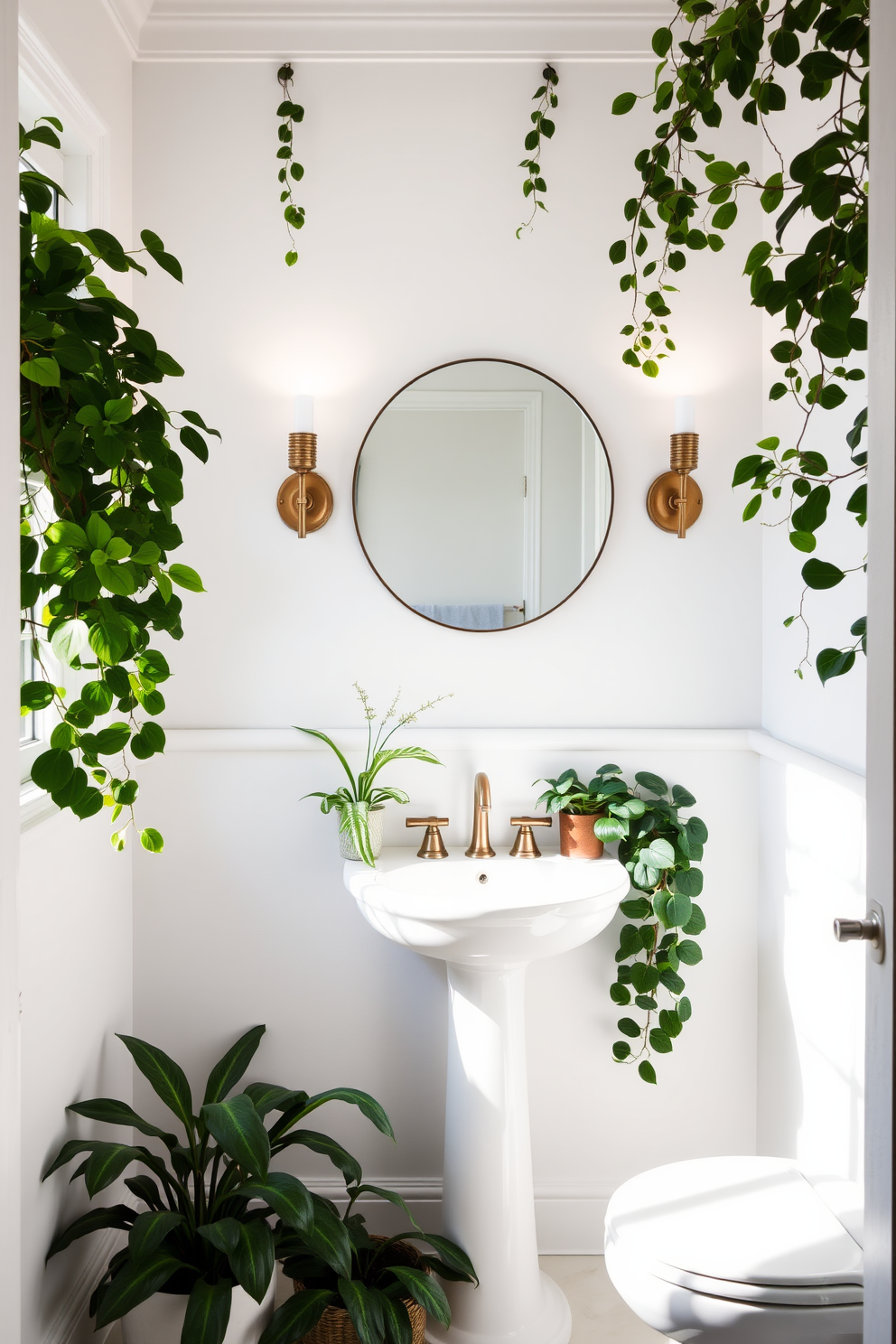 A white powder room adorned with lush greenery creates a refreshing and inviting atmosphere. The walls are painted in a crisp white, complemented by a sleek white pedestal sink and a stylish round mirror above it. Flourishing plants are strategically placed throughout the space, adding vibrant pops of color and life. Elegant sconces on either side of the mirror provide warm lighting, enhancing the serene ambiance of the room.