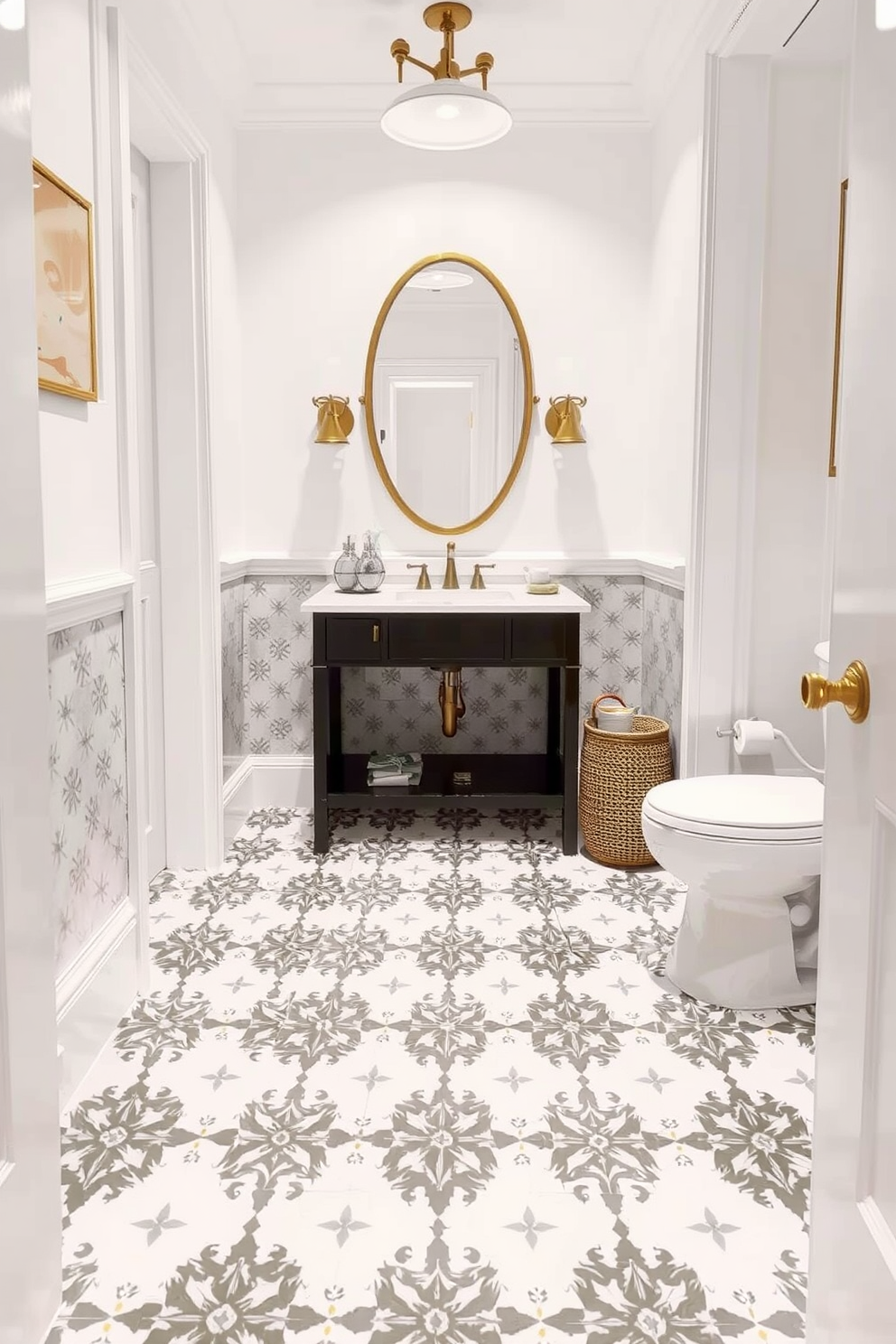 A stunning powder room featuring patterned floor tiles that add visual interest and a touch of elegance. The walls are adorned with crisp white paint, creating a bright and airy atmosphere.