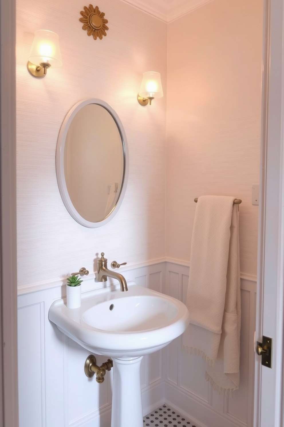 Bright white fixtures with polished chrome create a sleek and modern aesthetic in the powder room. The walls are adorned with elegant white wainscoting that complements the polished chrome accents throughout the space. A floating vanity with a white marble countertop features a stylish undermount sink and a contemporary chrome faucet. The floor is covered in large white tiles, enhancing the room's brightness and spacious feel.