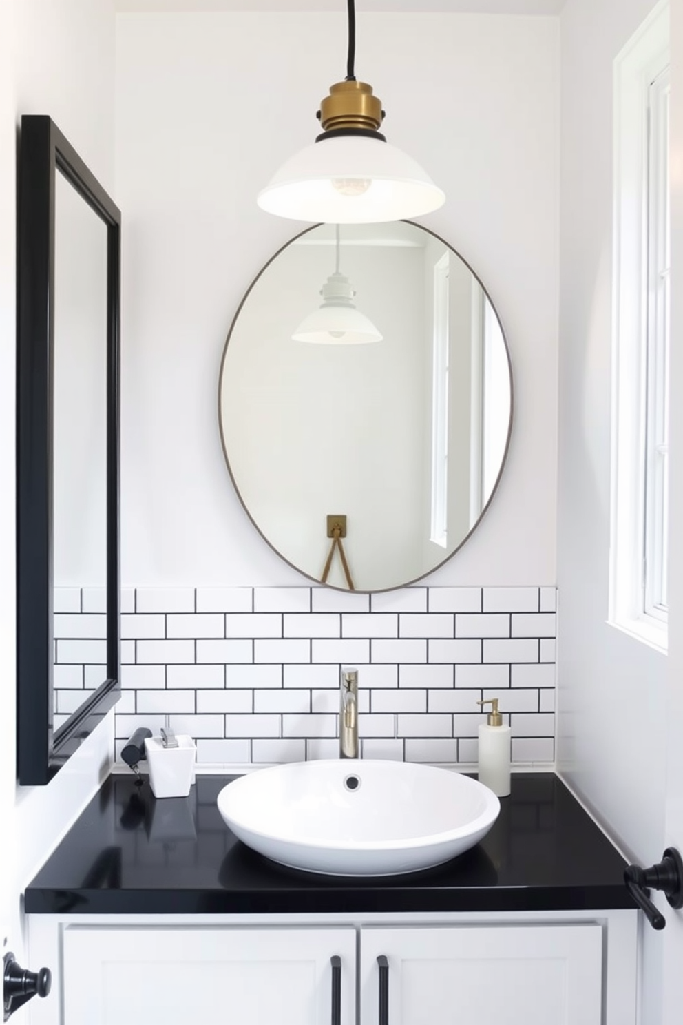 A chic powder room featuring a subway tile backsplash accented with bold black grout. The space is illuminated by a stylish pendant light, enhancing the crisp white walls and elegant fixtures.